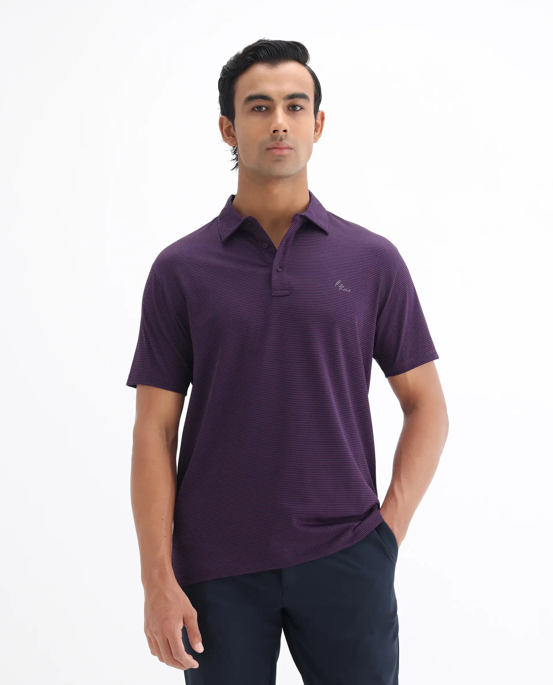 Rare Rabbit Men's Tunas Dark Purple Cotton Striped Print Regular Fit Half Sleeve Polo