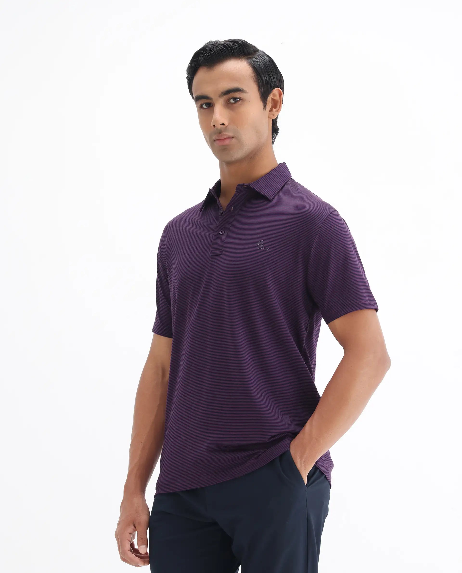 Rare Rabbit Men's Tunas Dark Purple Cotton Striped Print Regular Fit Half Sleeve Polo