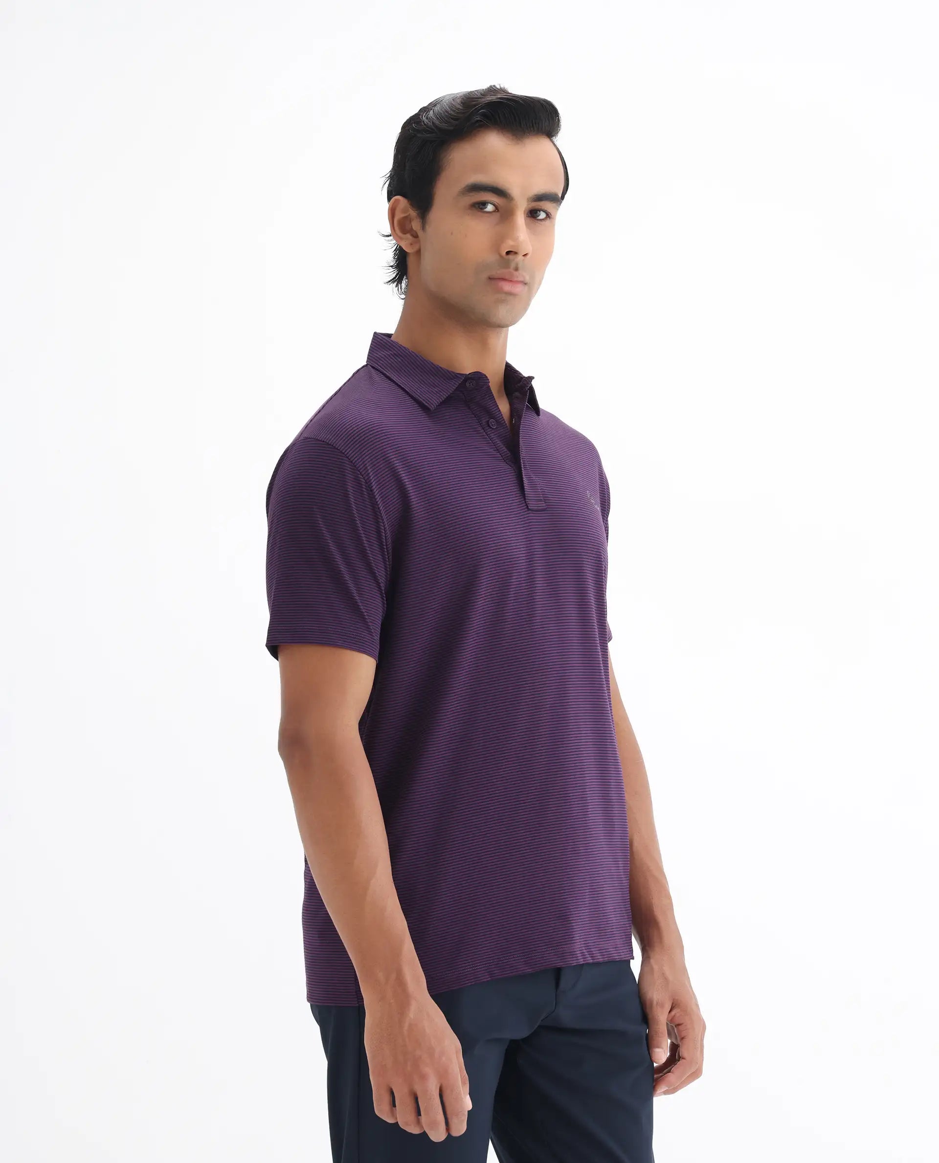 Rare Rabbit Men's Tunas Dark Purple Cotton Striped Print Regular Fit Half Sleeve Polo