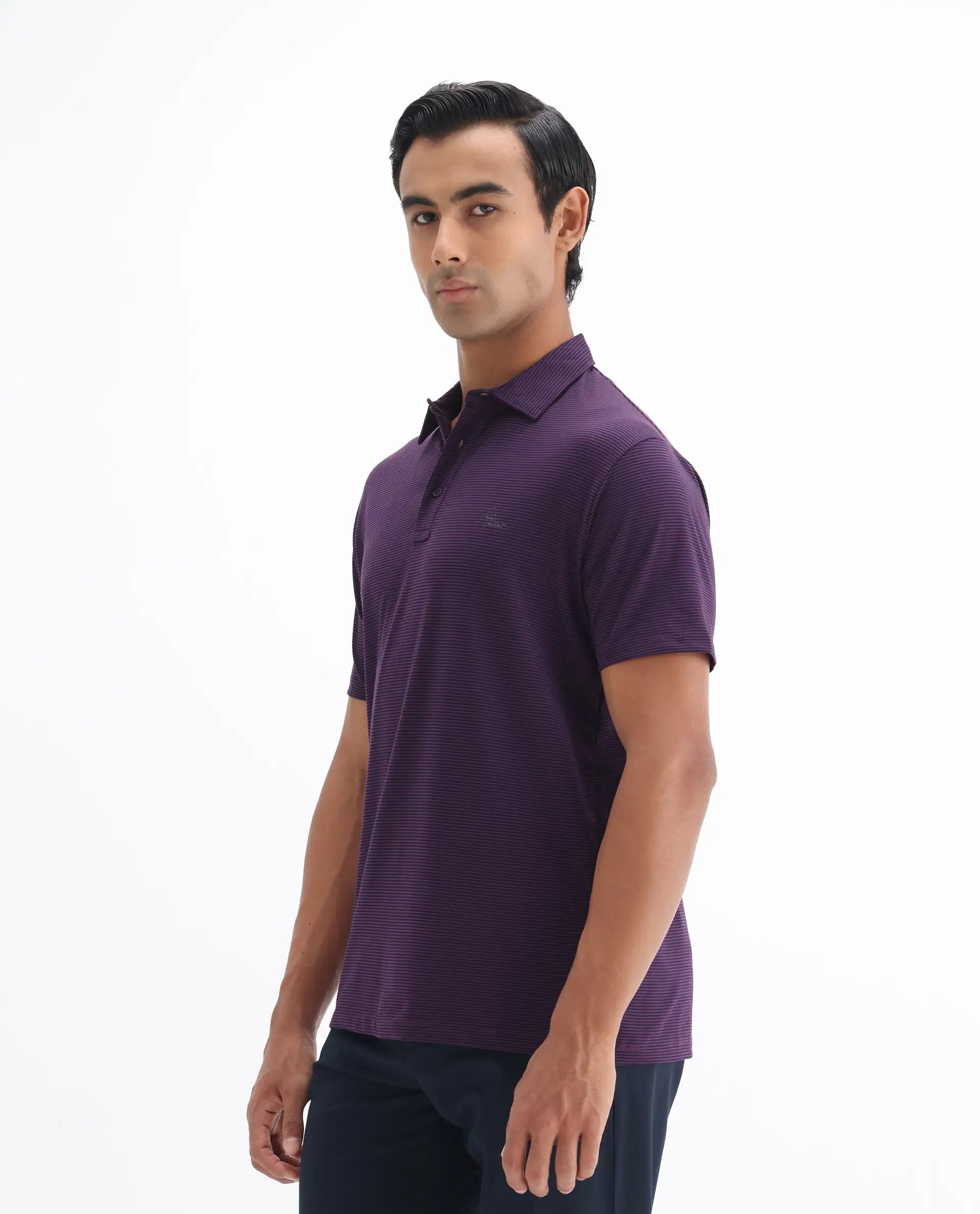 Rare Rabbit Men's Tunas Dark Purple Cotton Striped Print Regular Fit Half Sleeve Polo