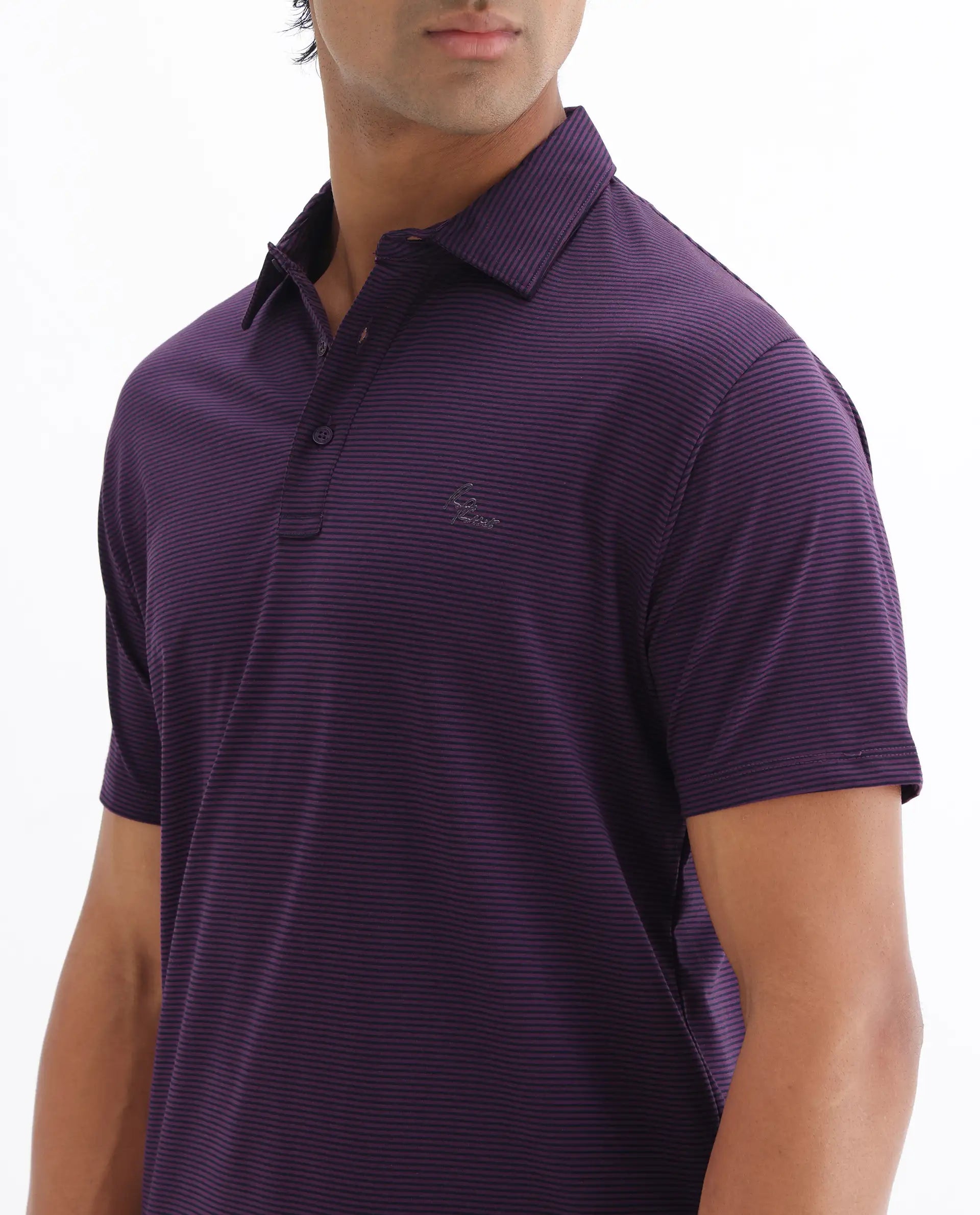 Rare Rabbit Men's Tunas Dark Purple Cotton Striped Print Regular Fit Half Sleeve Polo