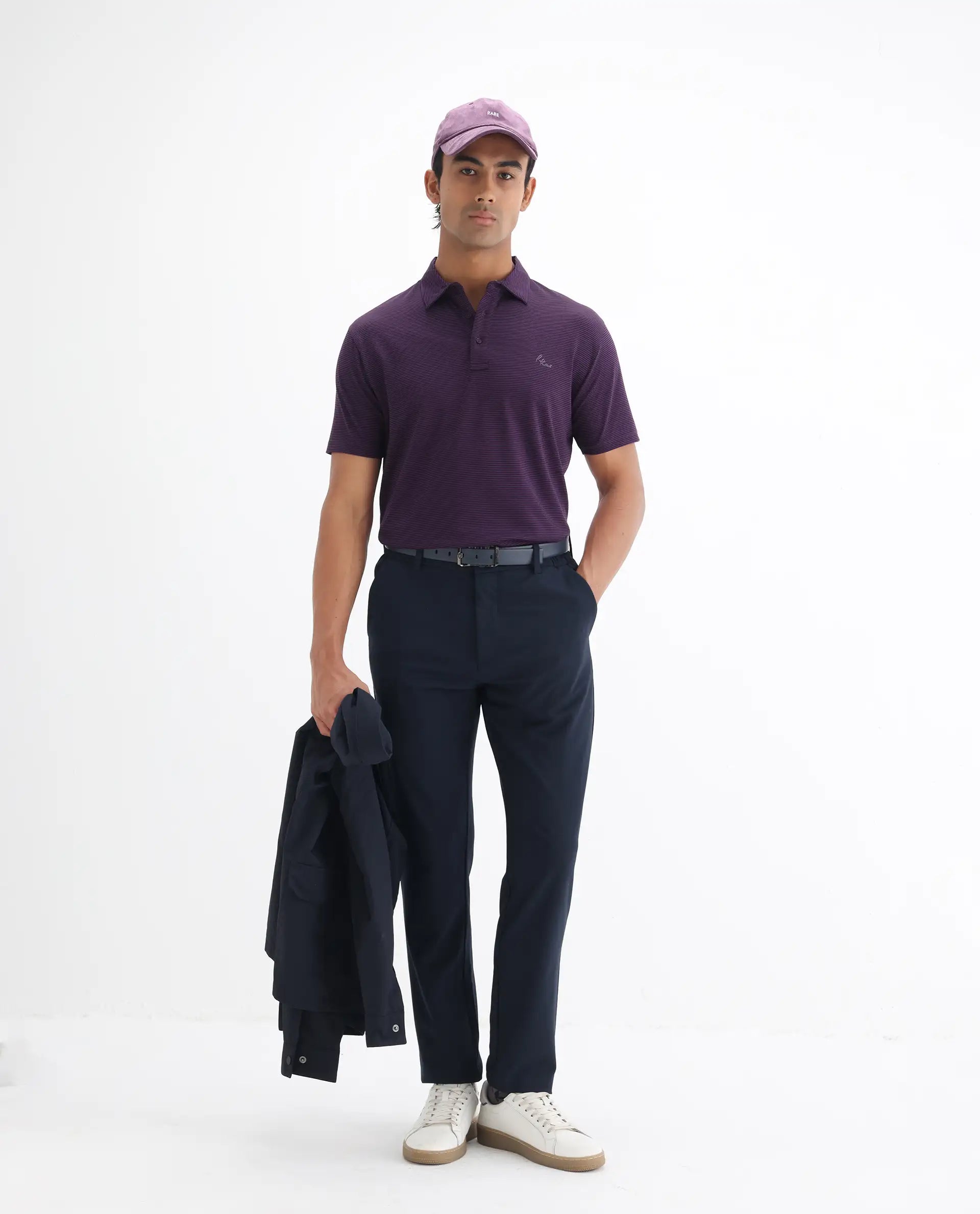 Rare Rabbit Men's Tunas Dark Purple Cotton Striped Print Regular Fit Half Sleeve Polo