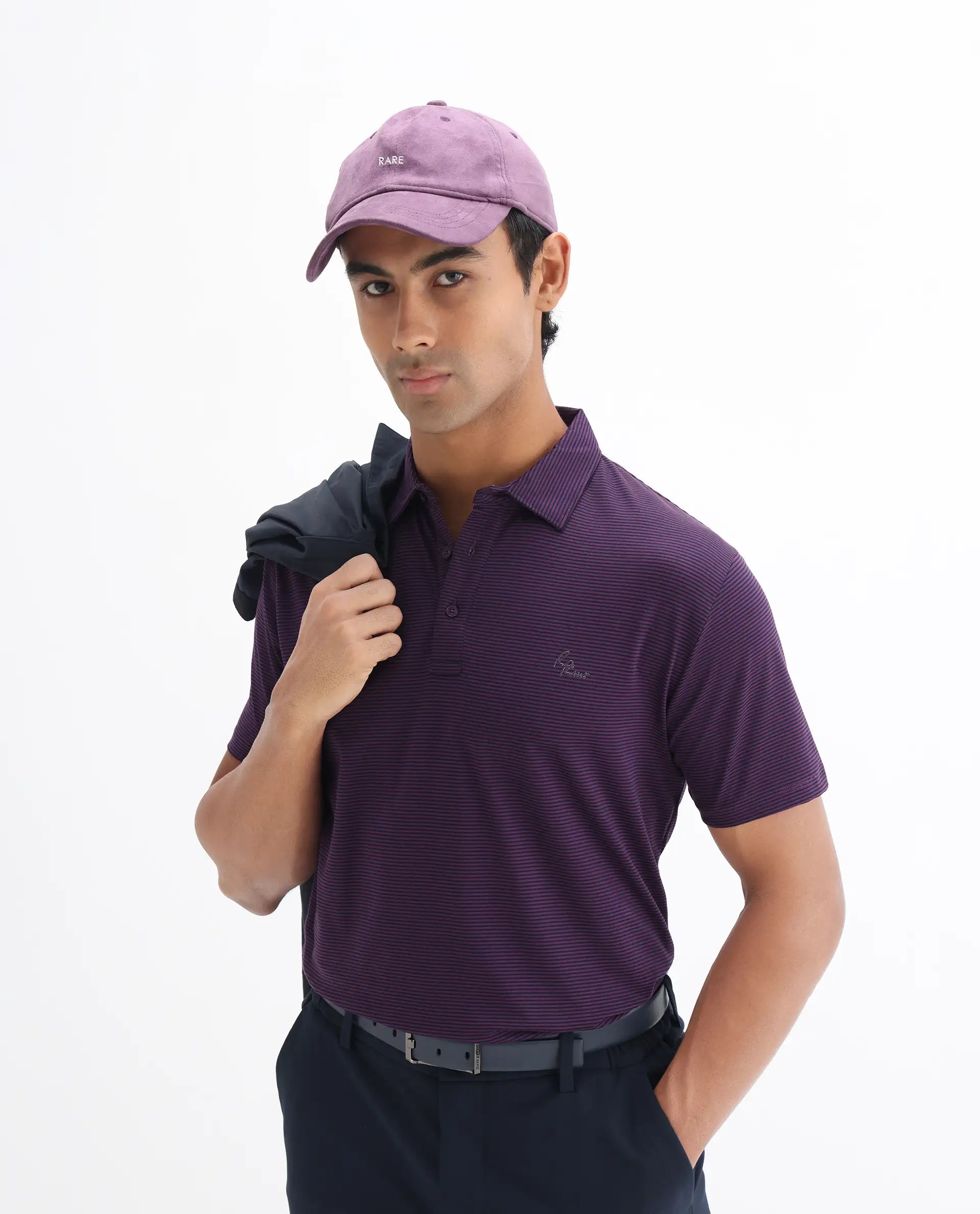 Rare Rabbit Men's Tunas Dark Purple Cotton Striped Print Regular Fit Half Sleeve Polo