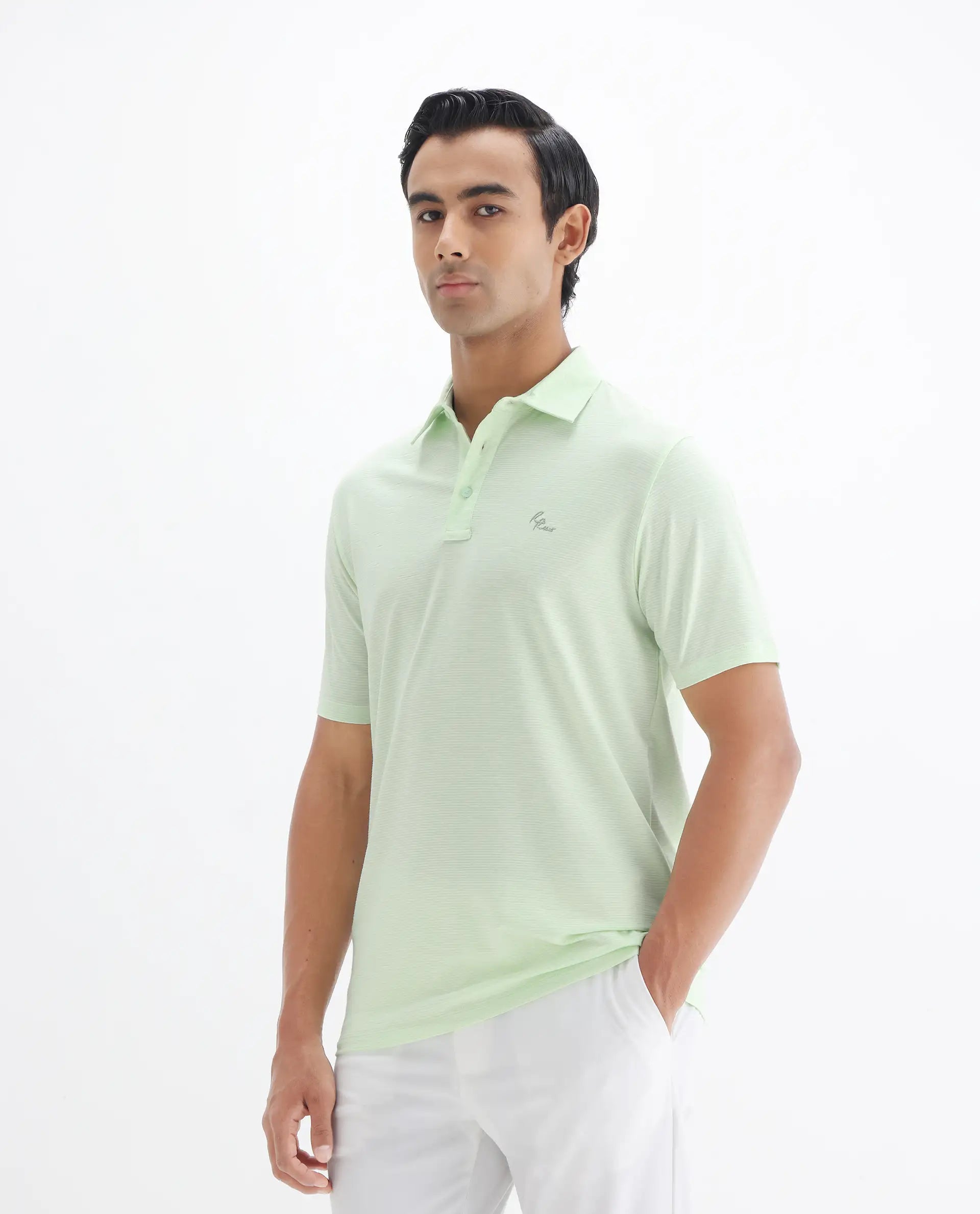Rare Rabbit Men's Tunas Light Green Cotton Striped Print Regular Fit Half Sleeve Polo