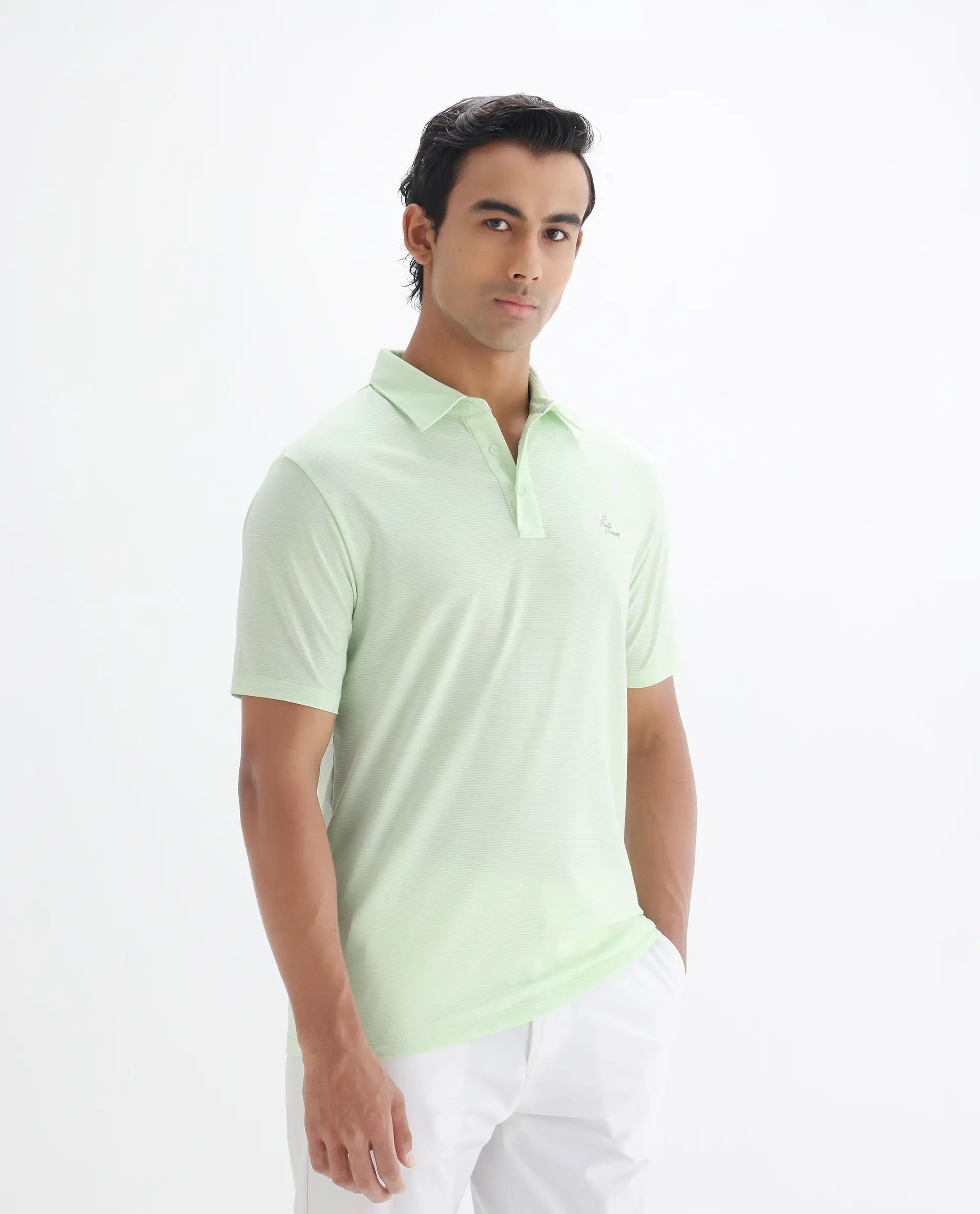 Rare Rabbit Men's Tunas Light Green Cotton Striped Print Regular Fit Half Sleeve Polo