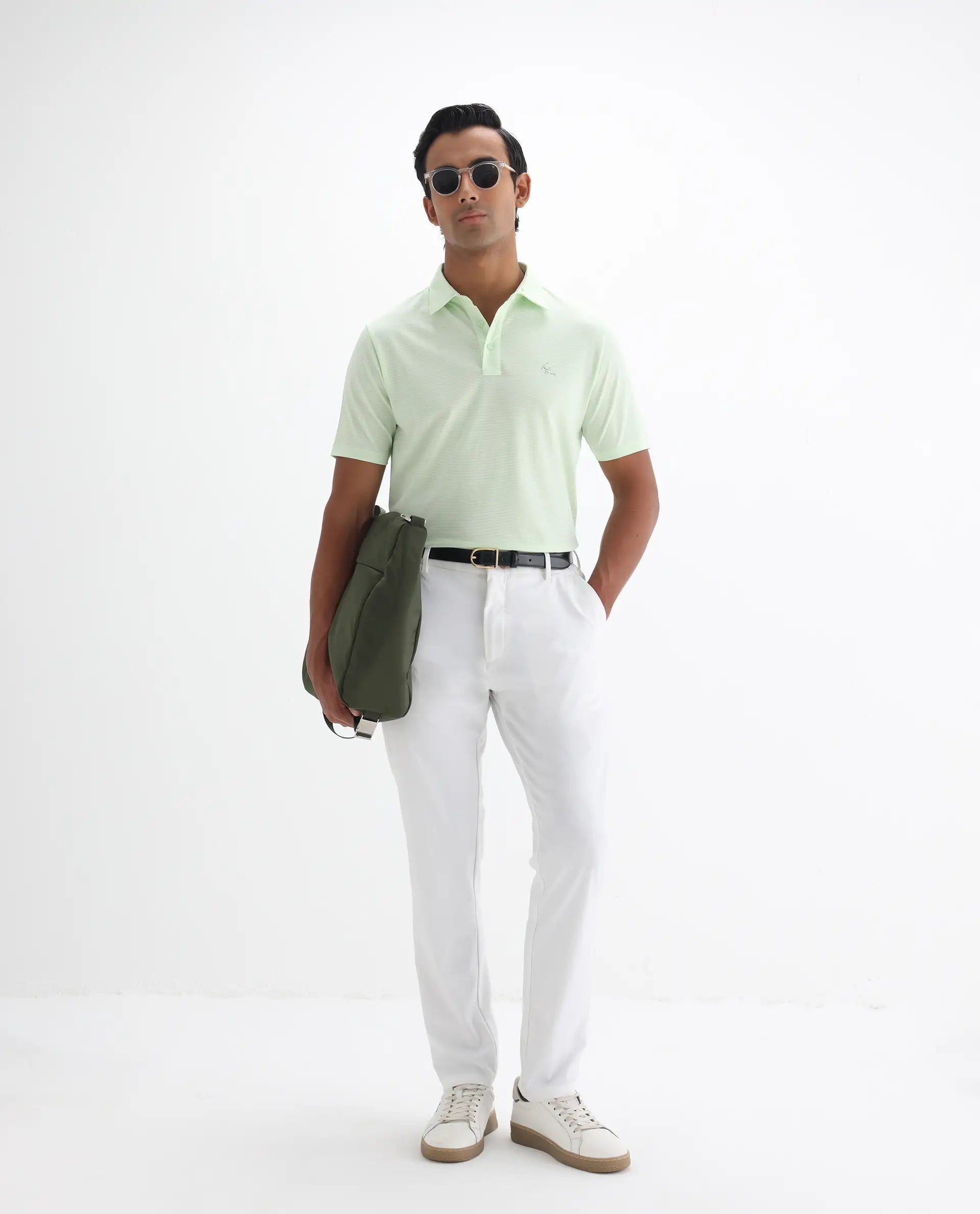 Rare Rabbit Men's Tunas Light Green Cotton Striped Print Regular Fit Half Sleeve Polo