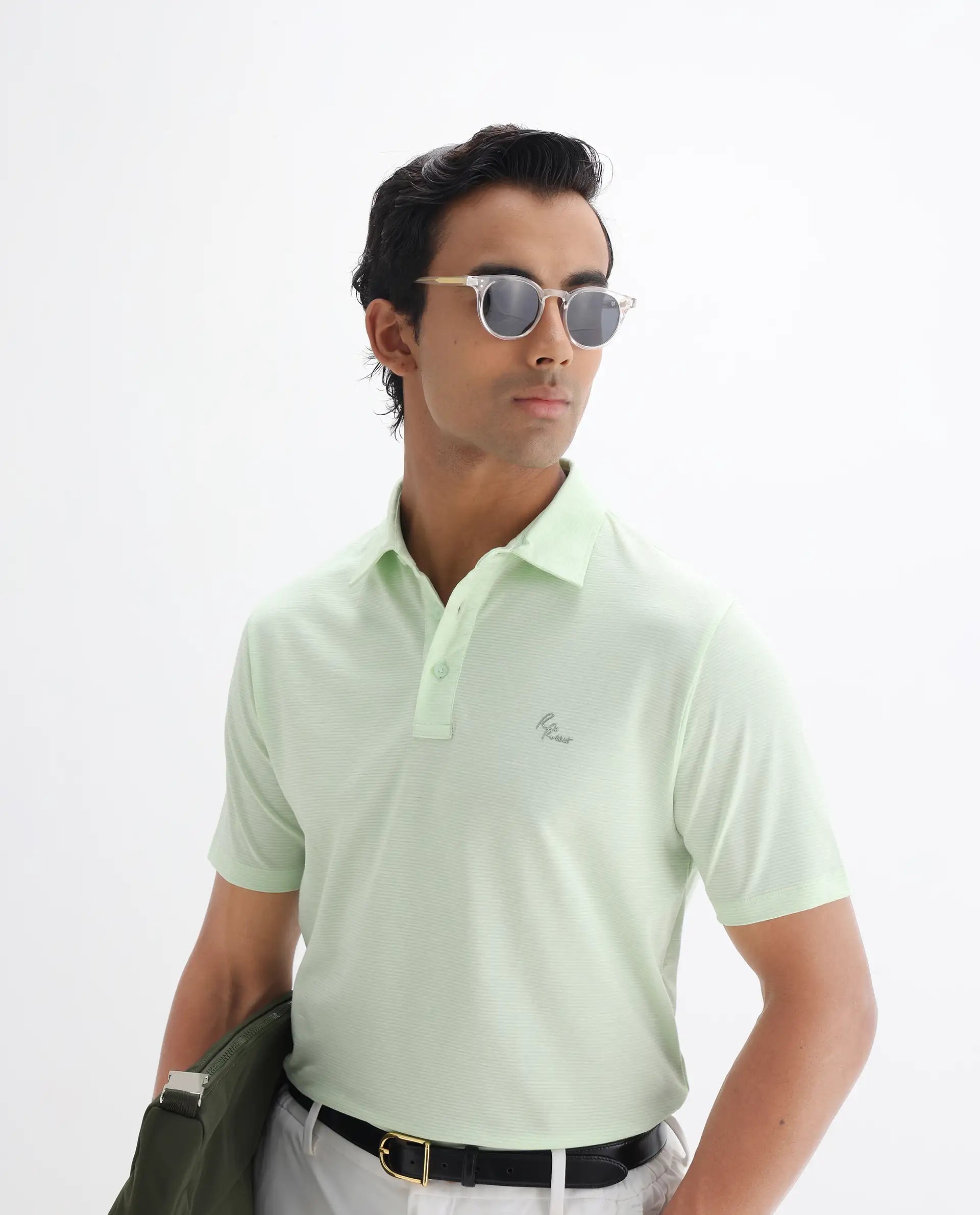 Rare Rabbit Men's Tunas Light Green Cotton Striped Print Regular Fit Half Sleeve Polo