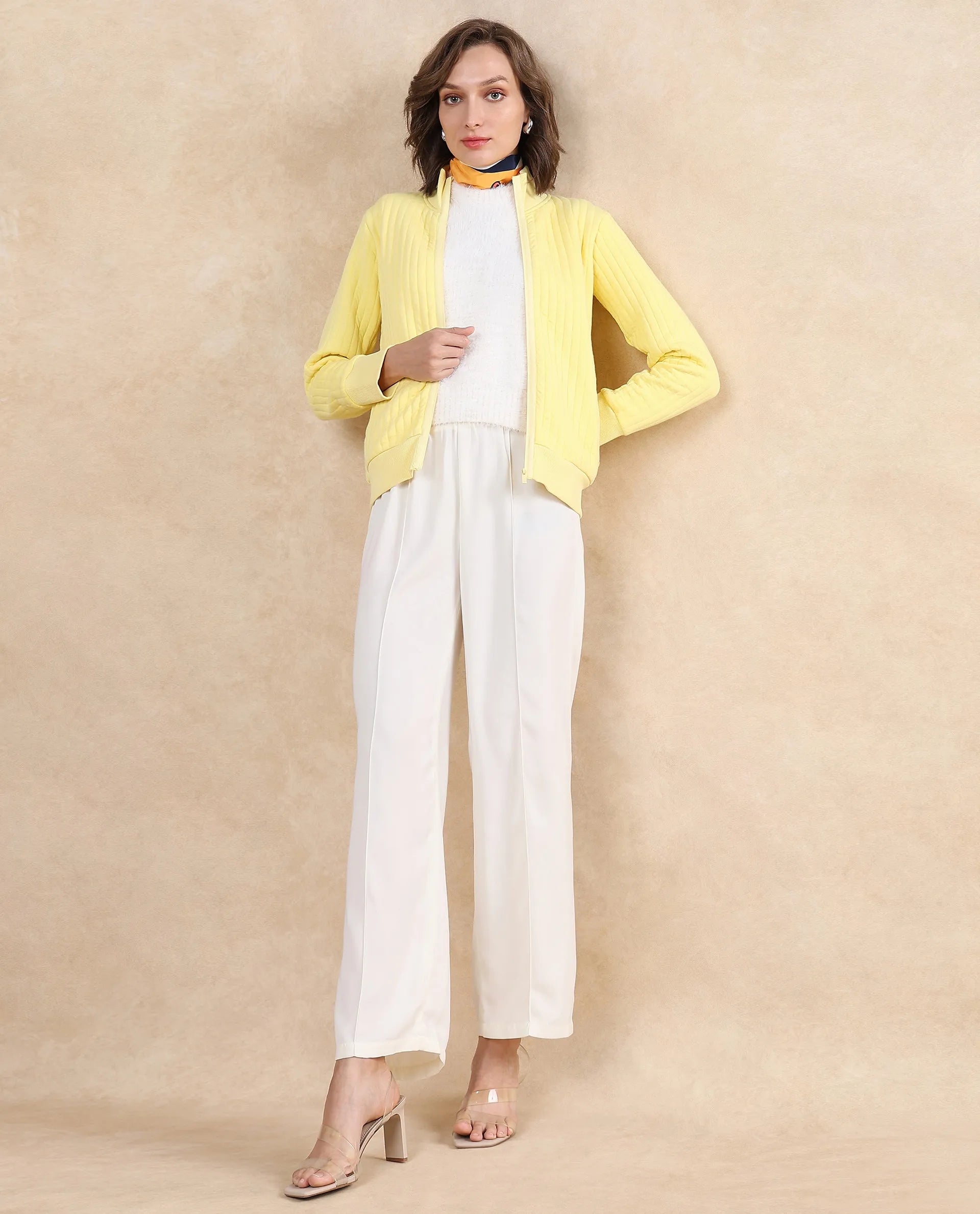 Rareism Women Tunceli Light Yellow Full Sleeve Band Collar Zipper Closure Plain Jacket