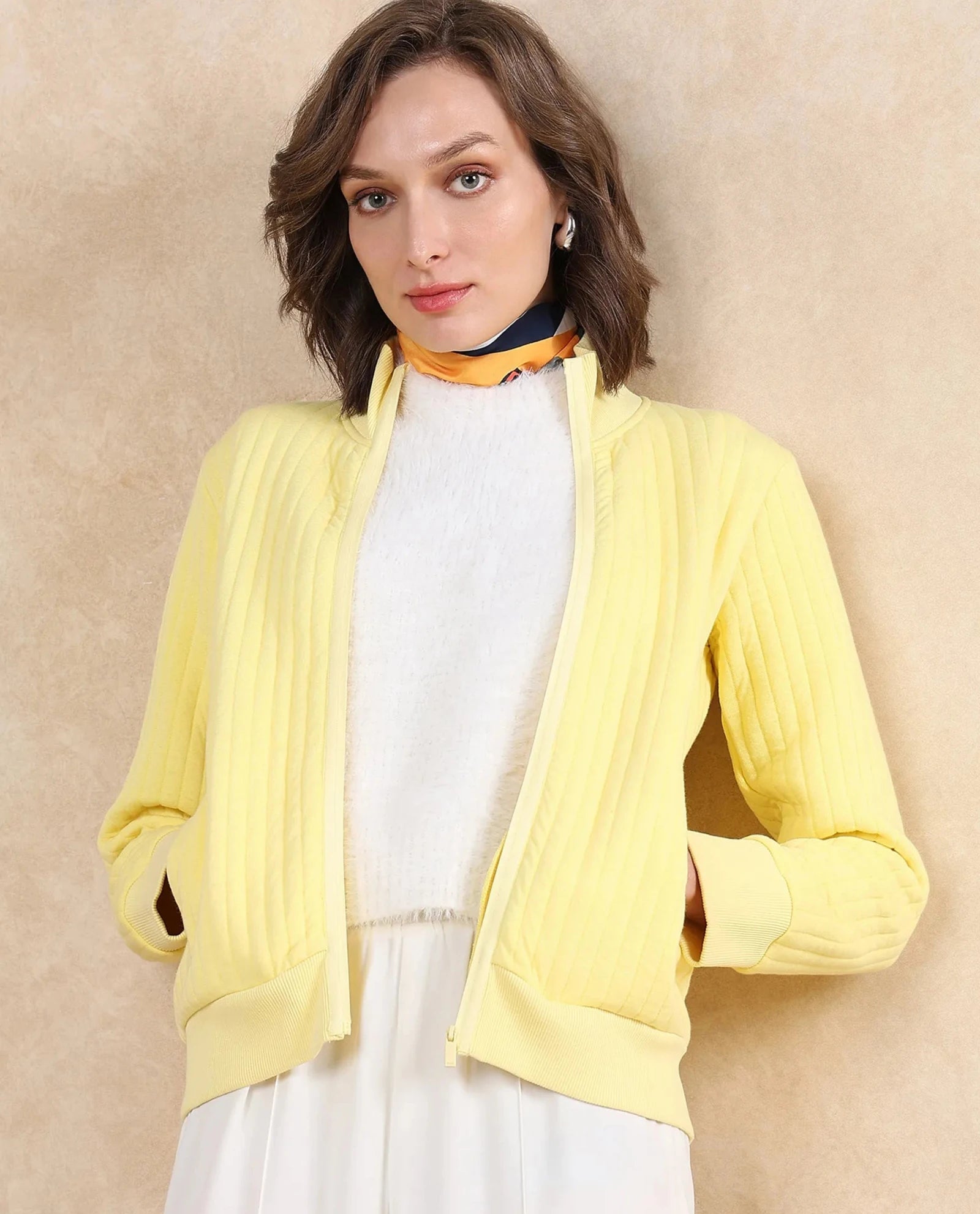 Rareism Women Tunceli Light Yellow Full Sleeve Band Collar Zipper Closure Plain Jacket