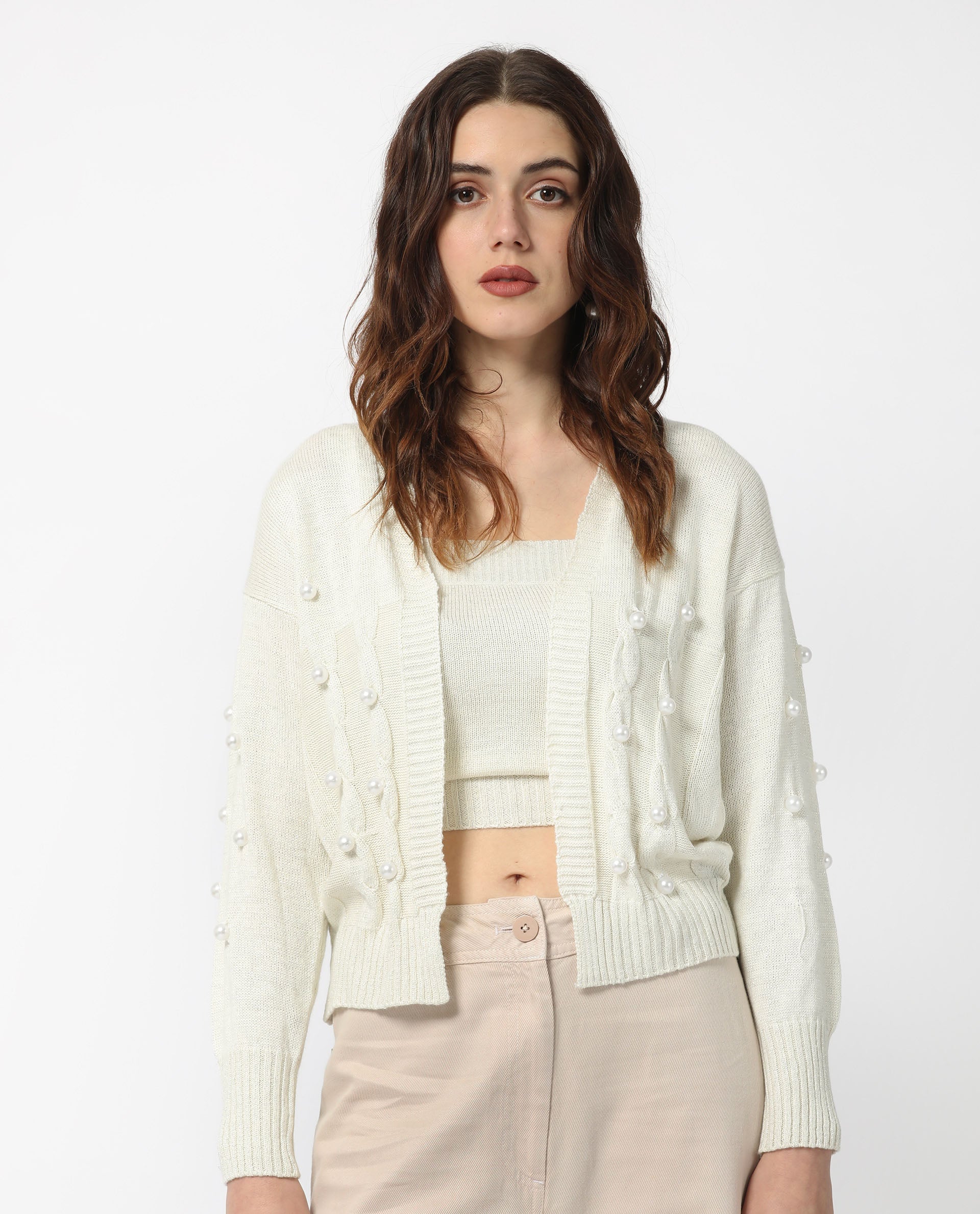 Rareism Women Tunnel 1 Off White Viscose Fabric Full Sleeves Regular Fit Solid Collarless Sweater