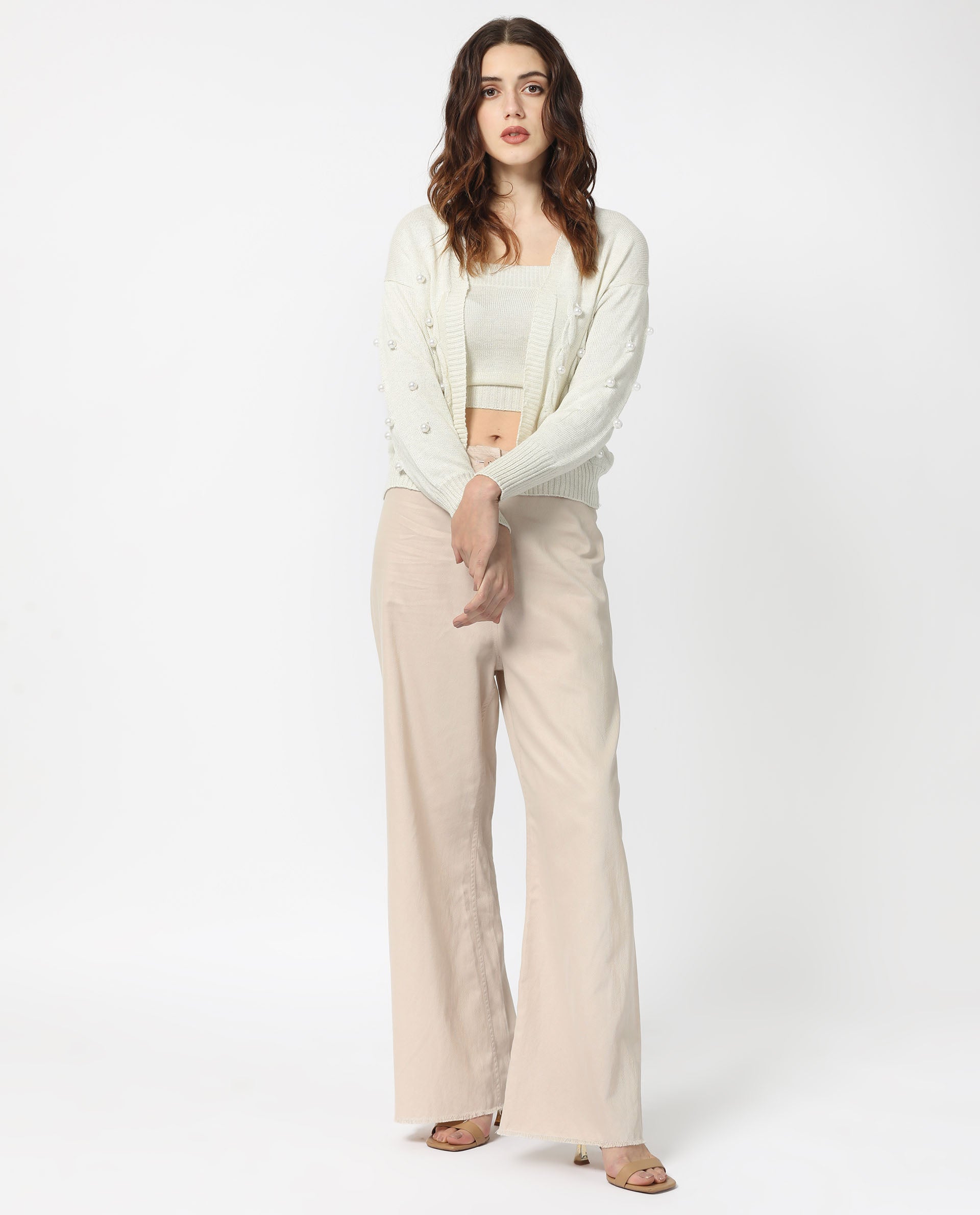 Rareism Women Tunnel 1 Off White Viscose Fabric Full Sleeves Regular Fit Solid Collarless Sweater