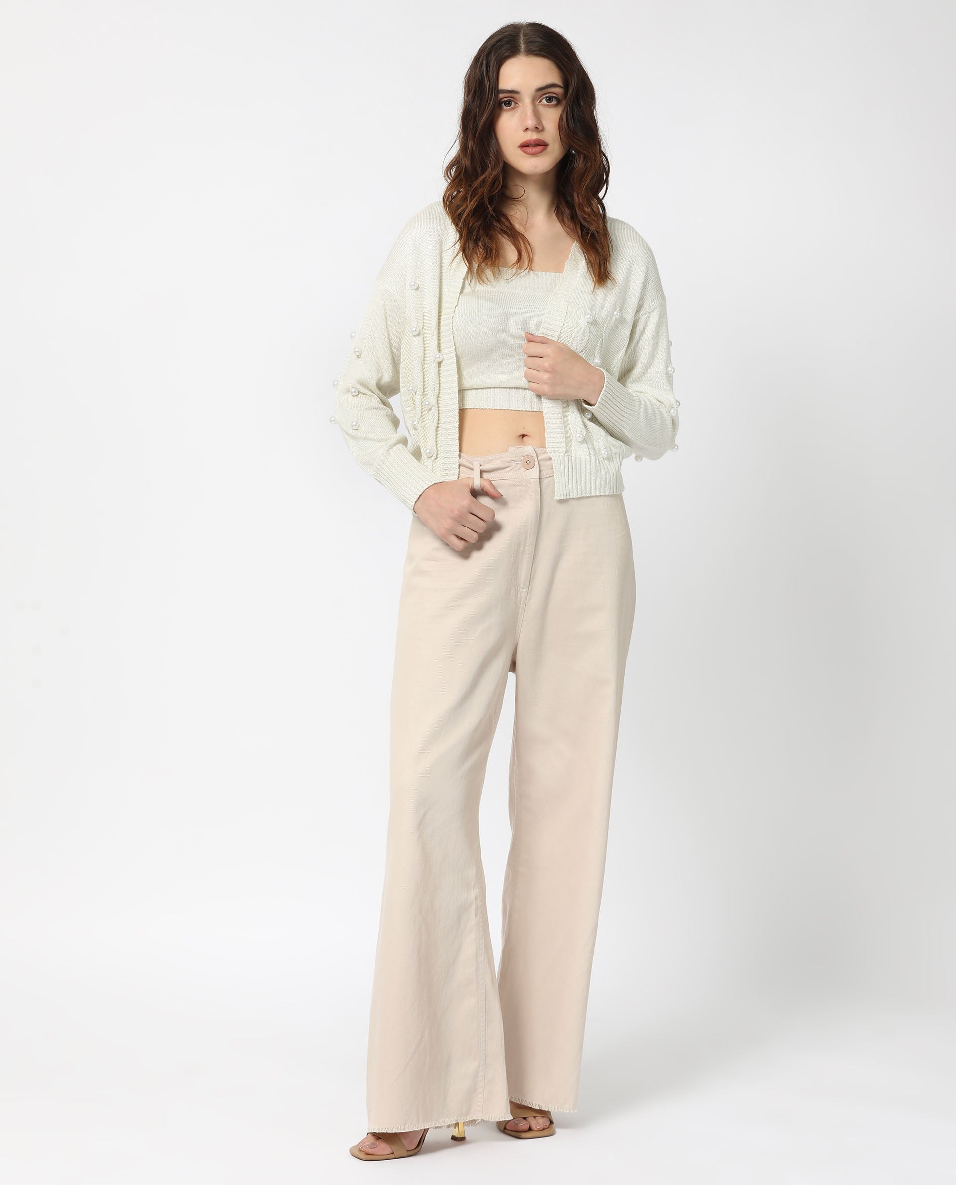 Rareism Women Tunnel 1 Off White Viscose Fabric Full Sleeves Regular Fit Solid Collarless Sweater