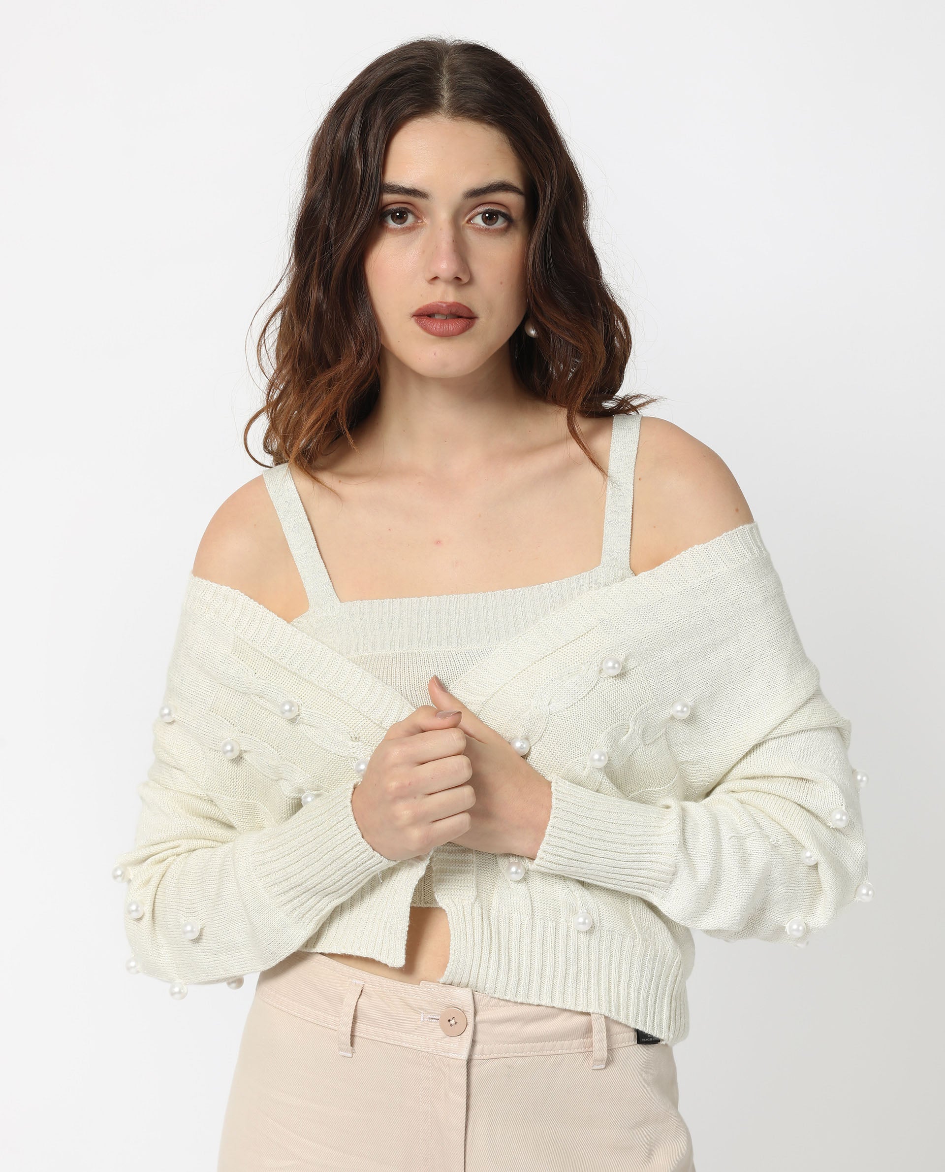 Rareism Women Tunnel 1 Off White Viscose Fabric Full Sleeves Regular Fit Solid Collarless Sweater