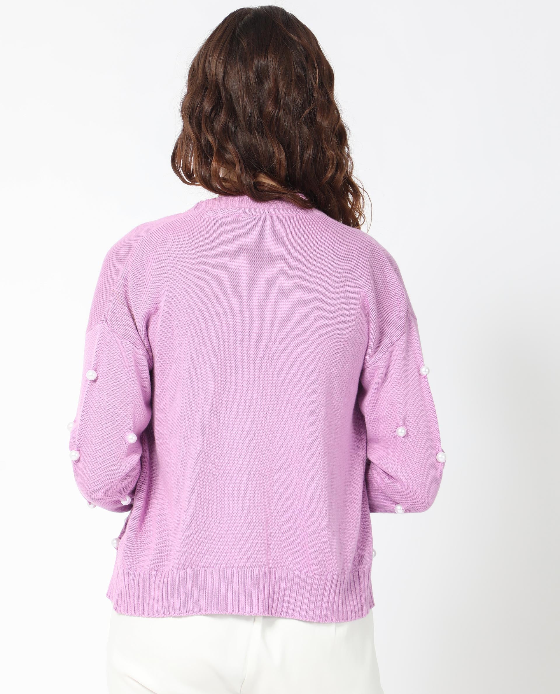 Rareism Women Tunnel 1 Pastel Purple Viscose Fabric Full Sleeves Balloon Sleeve Regular Fit Embellished Sweater