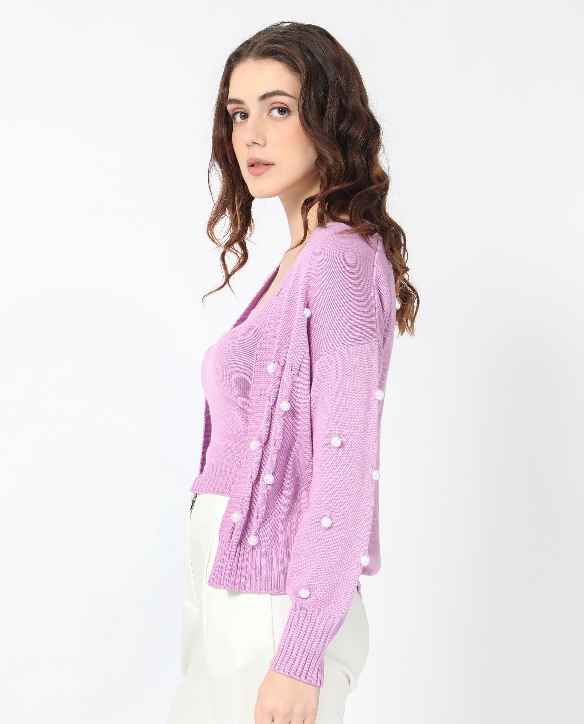 Rareism Women Tunnel 1 Pastel Purple Viscose Fabric Full Sleeves Balloon Sleeve Regular Fit Embellished Sweater