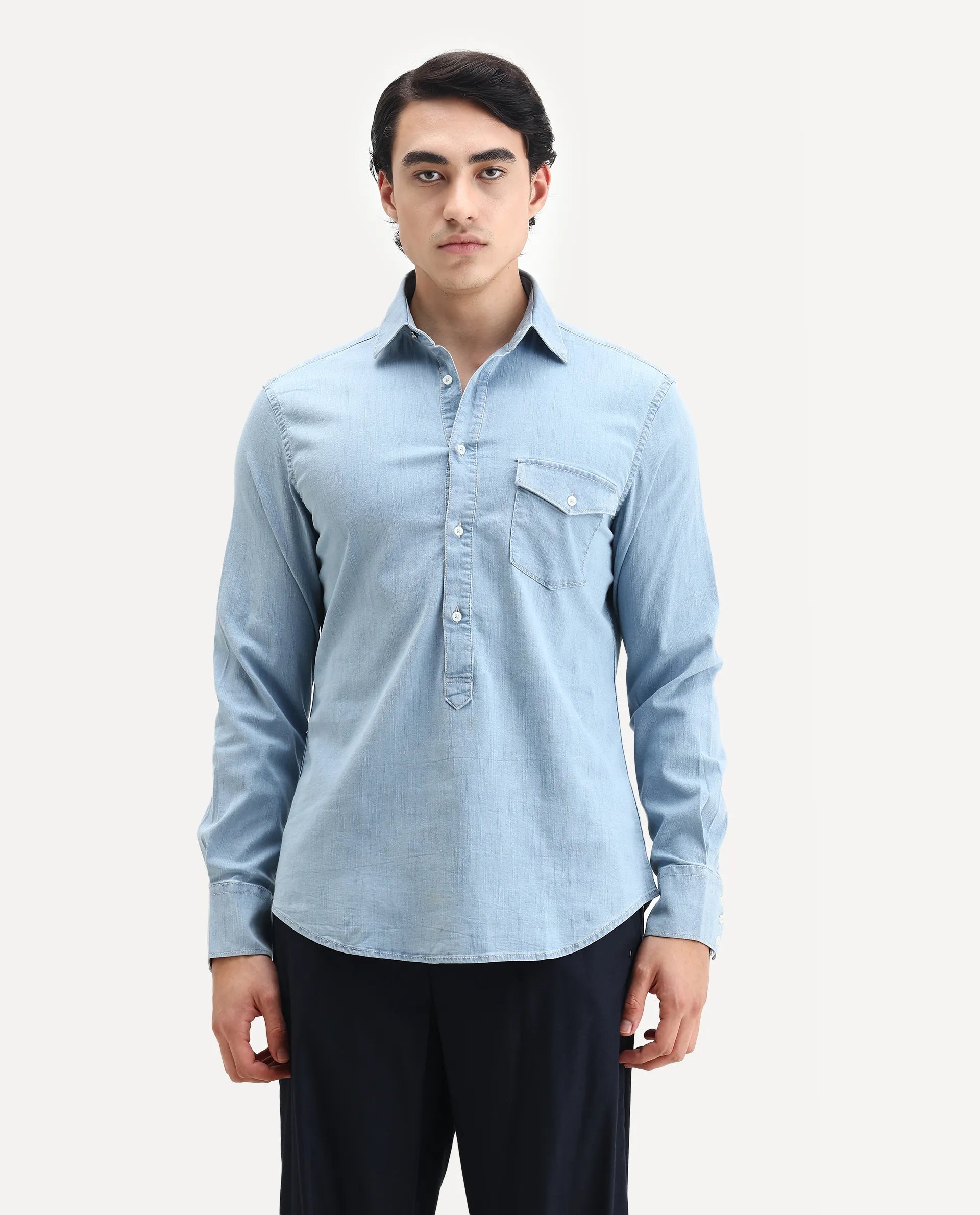 Rare Rabbit Men's Tunor Light Blue Cotton Plain Regular Fit Full Sleeve Collared Shirt