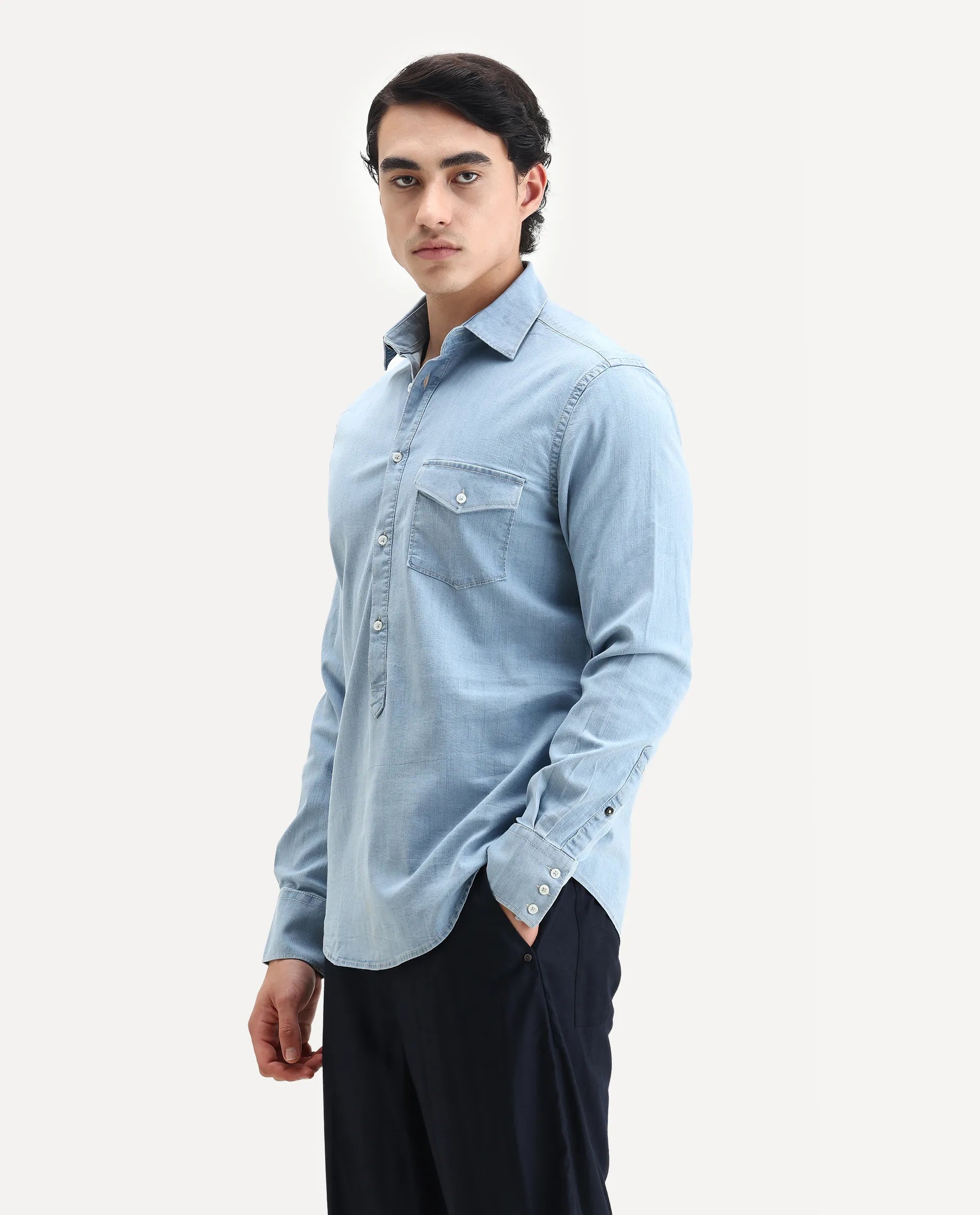 Rare Rabbit Men's Tunor Light Blue Cotton Plain Regular Fit Full Sleeve Collared Shirt