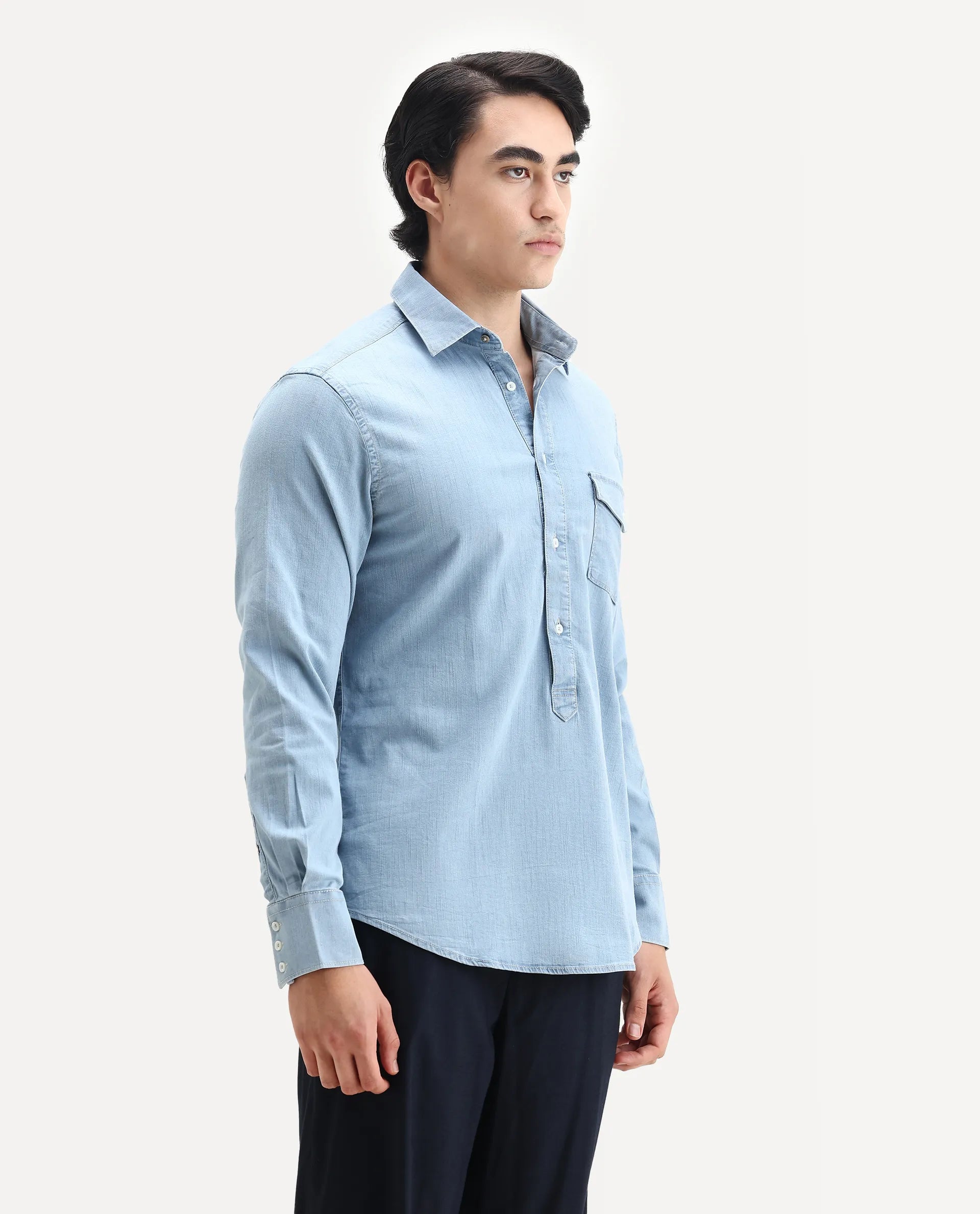 Rare Rabbit Men's Tunor Light Blue Cotton Plain Regular Fit Full Sleeve Collared Shirt