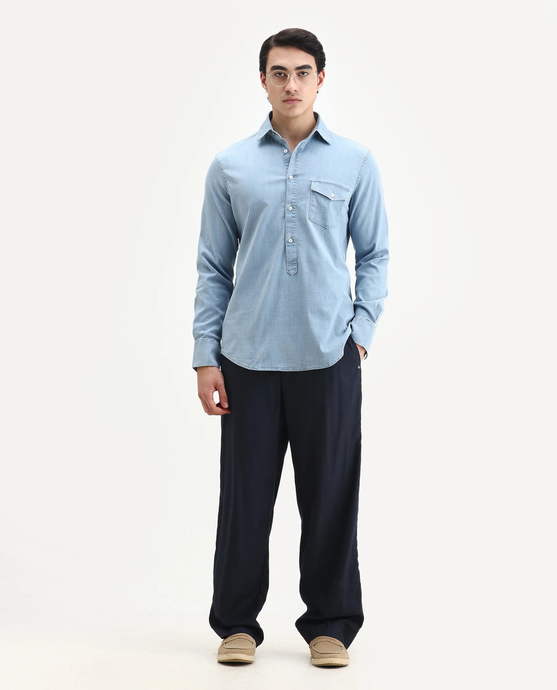 Rare Rabbit Men's Tunor Light Blue Cotton Plain Regular Fit Full Sleeve Collared Shirt