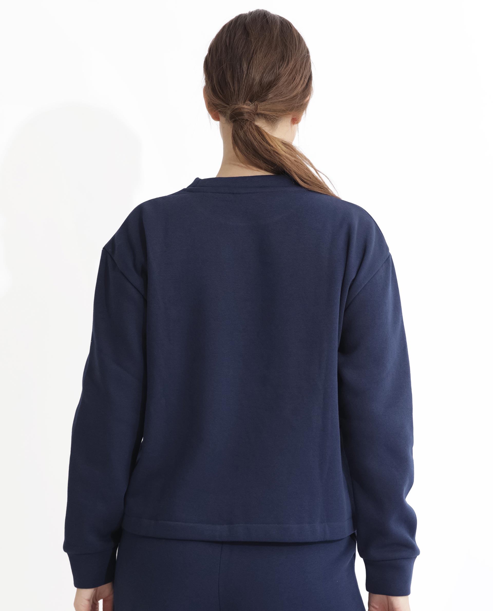 Rareism Women Tuppen Navy Poly Cotton Fabric Relaxed Fit Full Sleeves Print Round Neck Sweatshirt