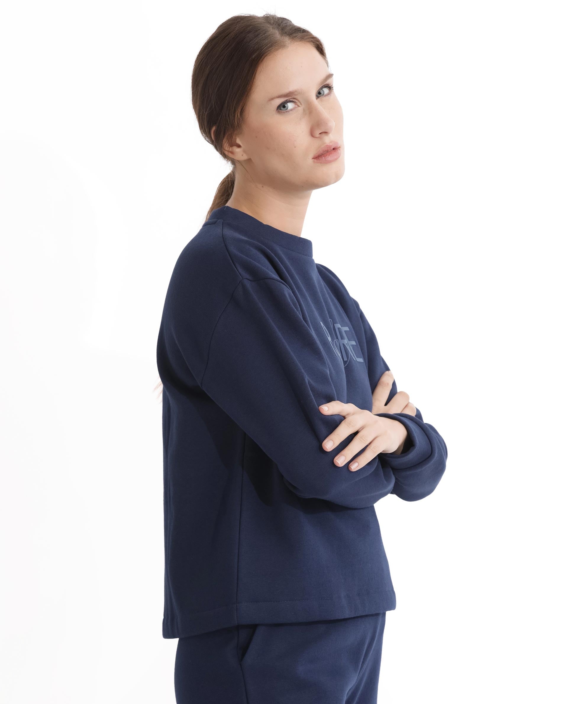 Rareism Women Tuppen Navy Poly Cotton Fabric Relaxed Fit Full Sleeves Print Round Neck Sweatshirt