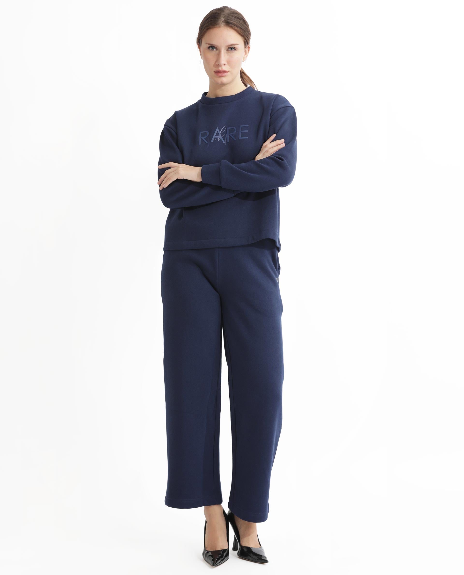 Rareism Women Tuppen Navy Poly Cotton Fabric Relaxed Fit Full Sleeves Print Round Neck Sweatshirt