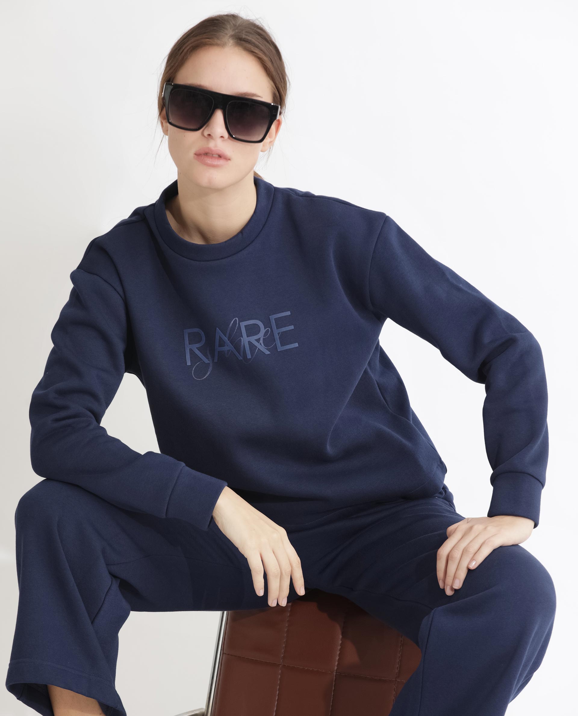 Rareism Women Tuppen Navy Poly Cotton Fabric Relaxed Fit Full Sleeves Print Round Neck Sweatshirt