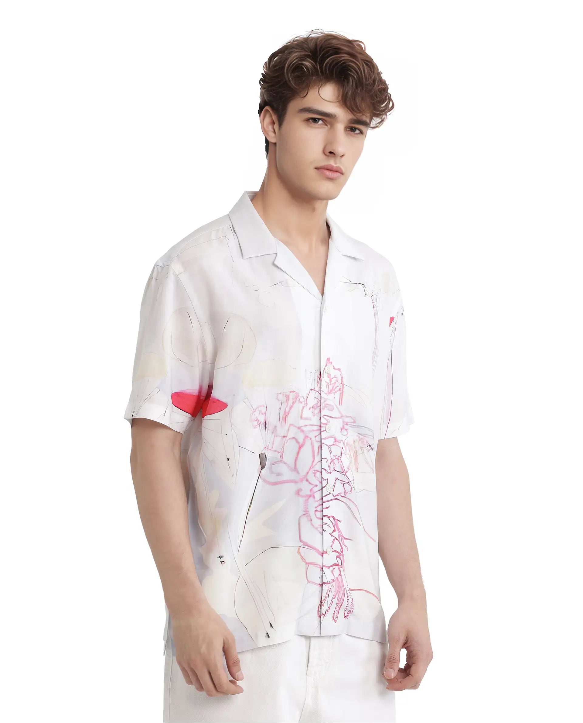 Rare Rabbit Men Tura Off White Viscose Fabric Short Sleeve Cuban Collar Button Closure Boxy Fit Abstract Print Shirt