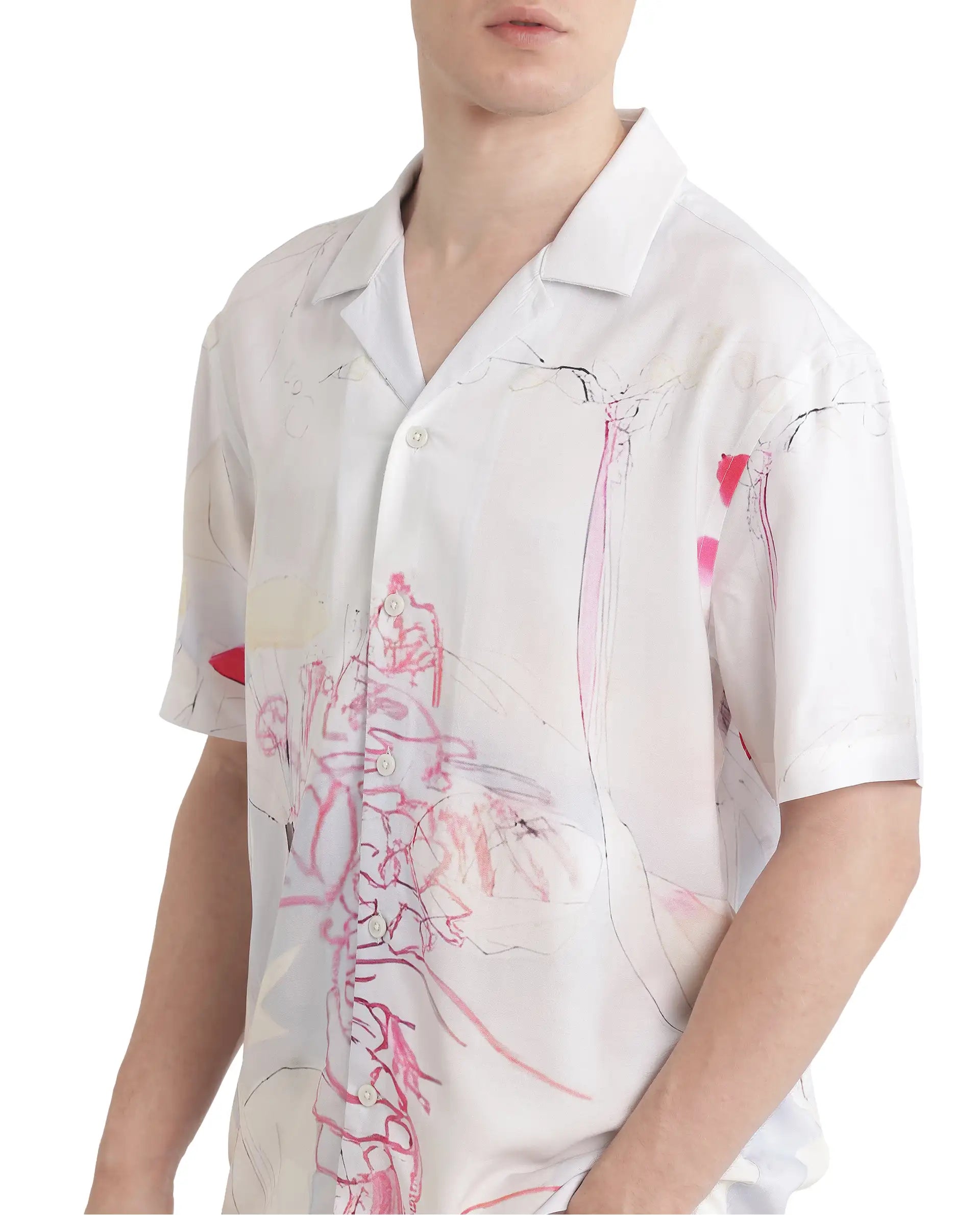 Rare Rabbit Men Tura Off White Viscose Fabric Short Sleeve Cuban Collar Button Closure Boxy Fit Abstract Print Shirt