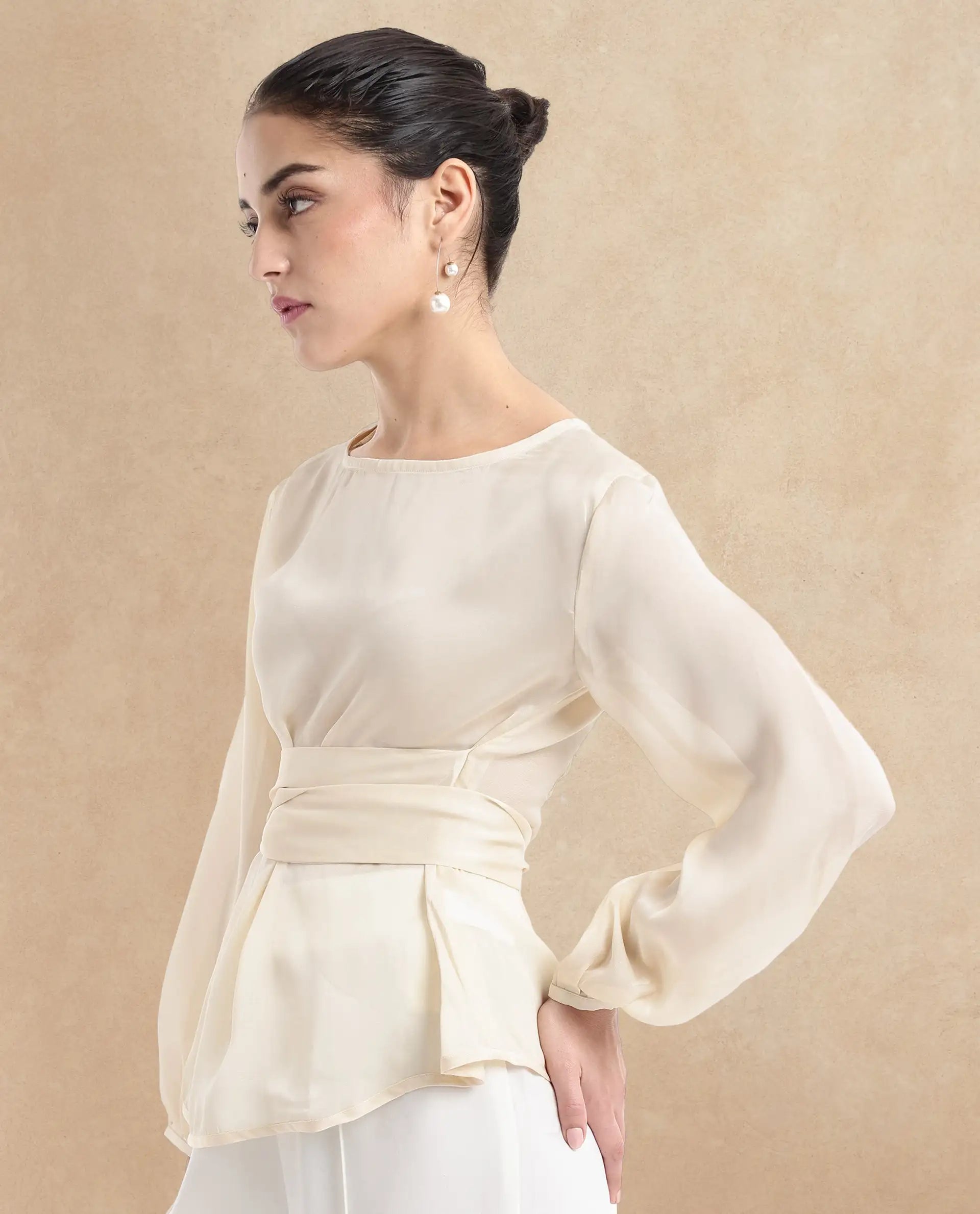 Rareism Women Turin Beige Mandarin Collar Button Closure Plain Top