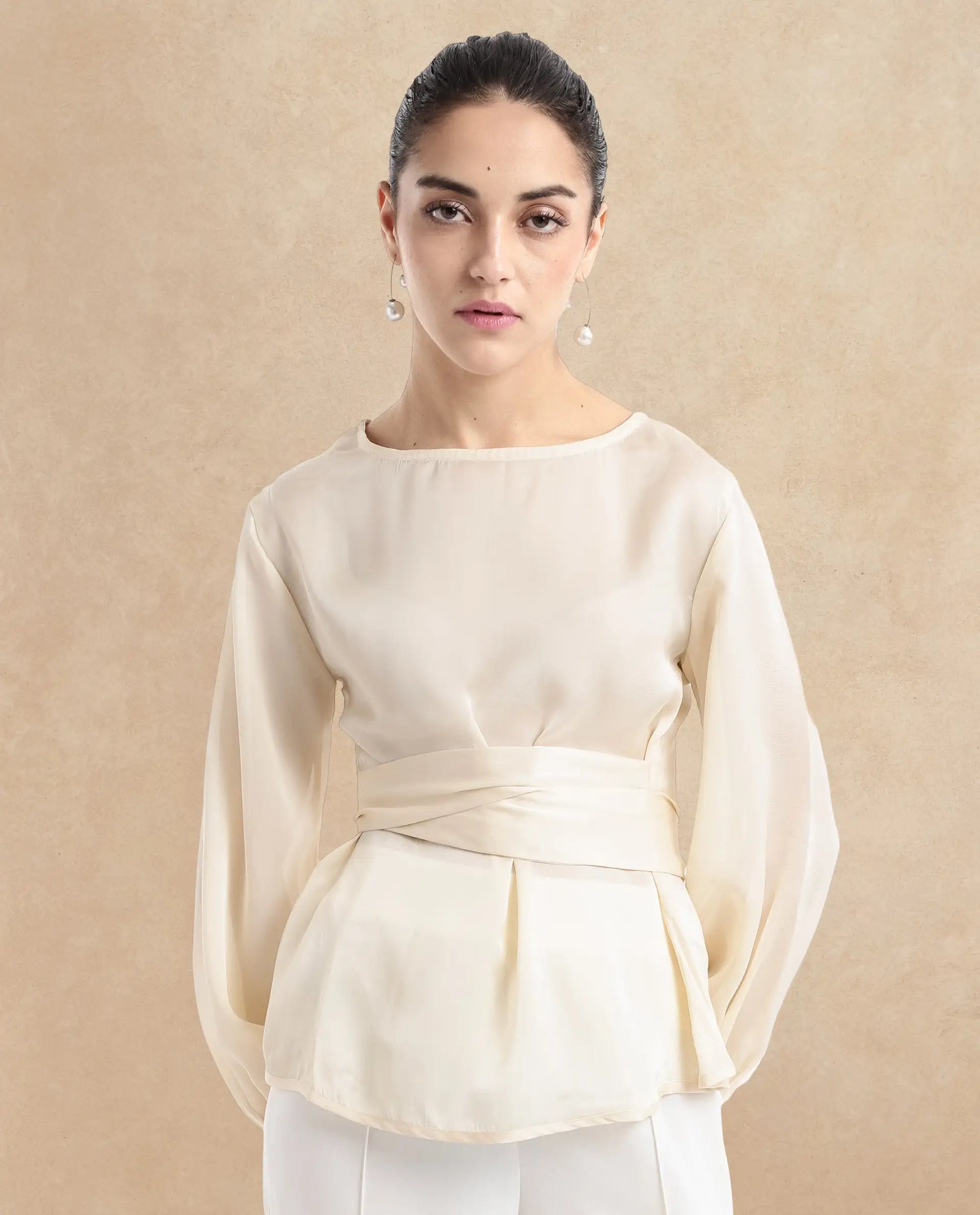 Rareism Women Turin Beige Mandarin Collar Button Closure Plain Top