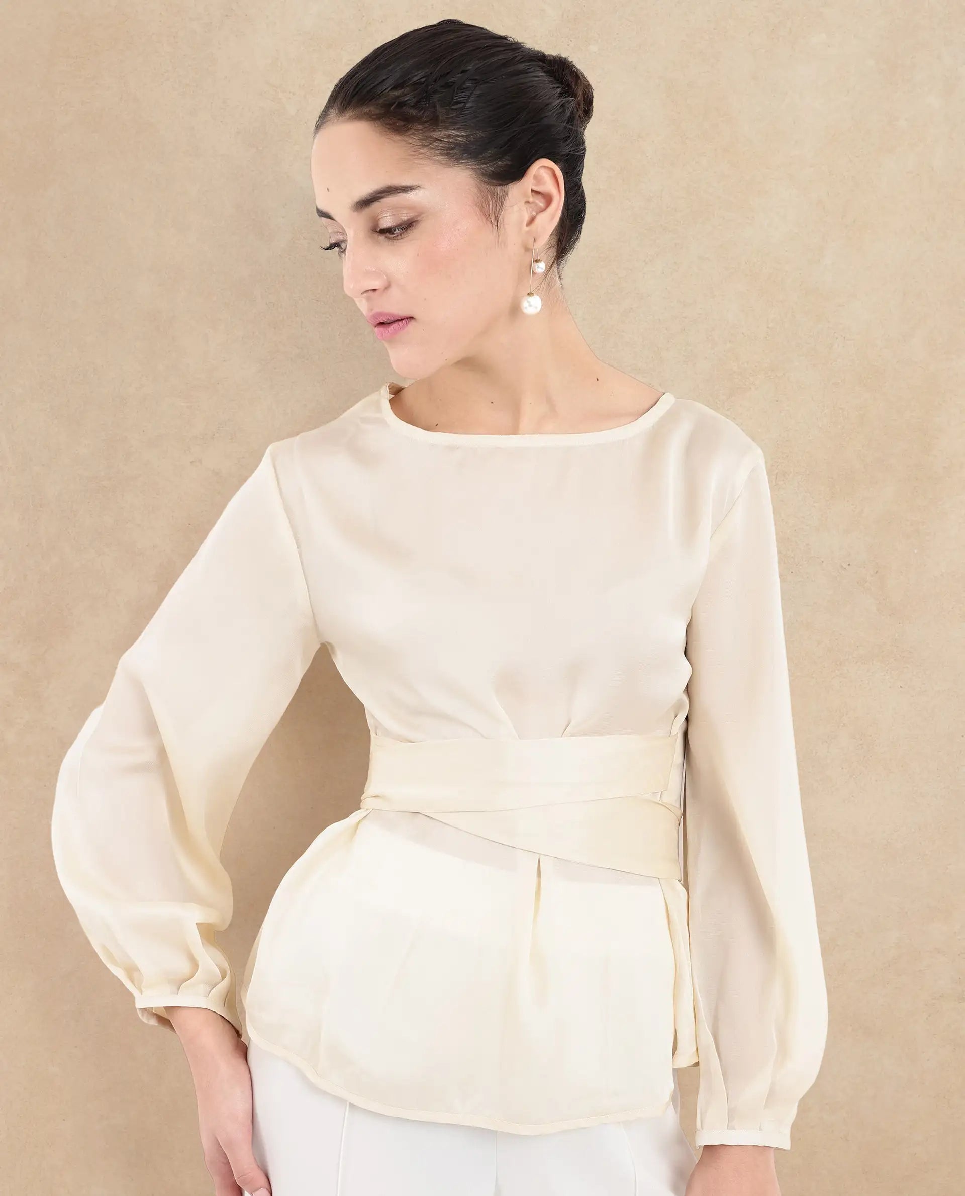 Rareism Women Turin Beige Mandarin Collar Button Closure Plain Top