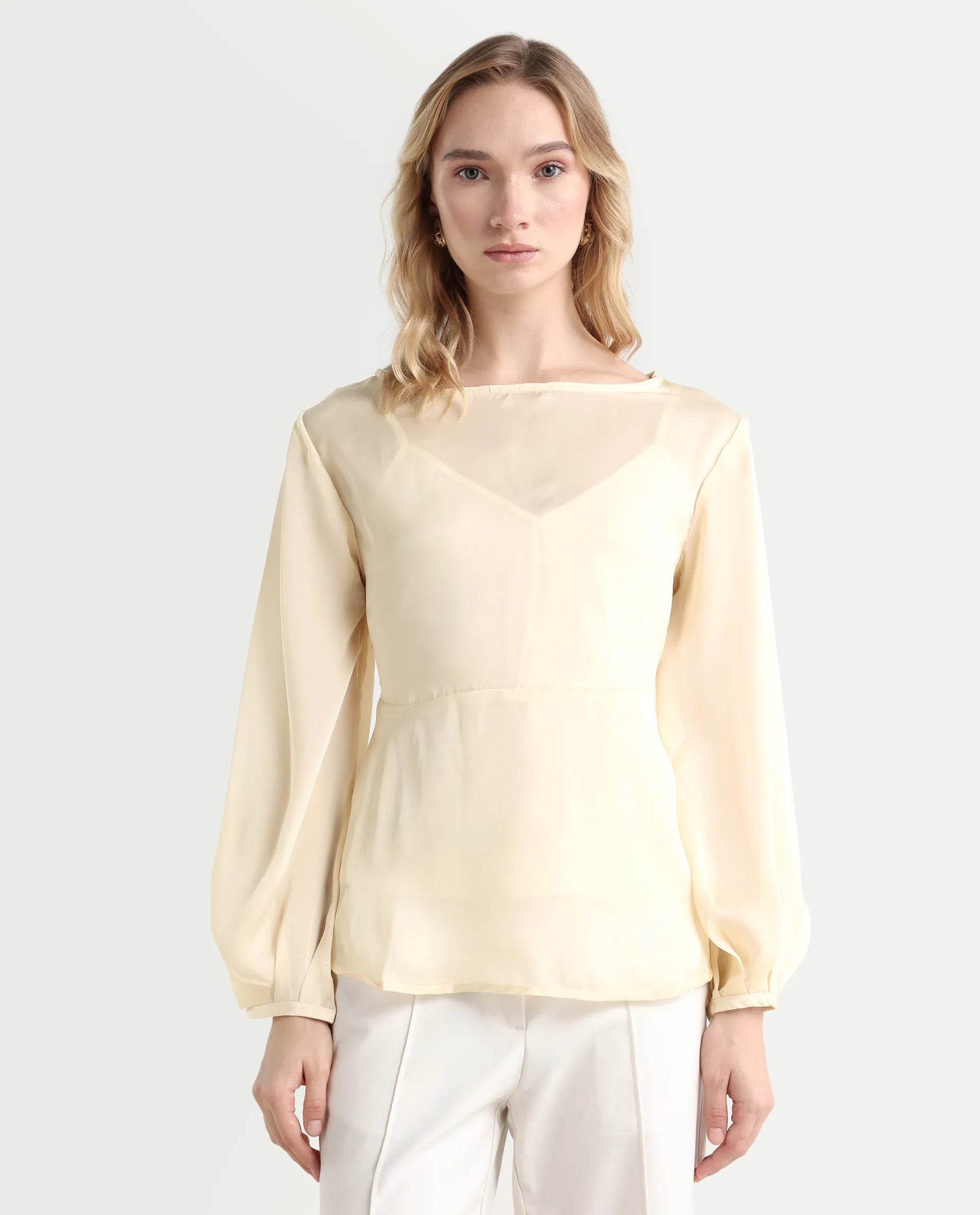 Rareism Women's Turin Beige Polyester Mandarin Collar Plain Balloon Sleeve Regular Fit Top