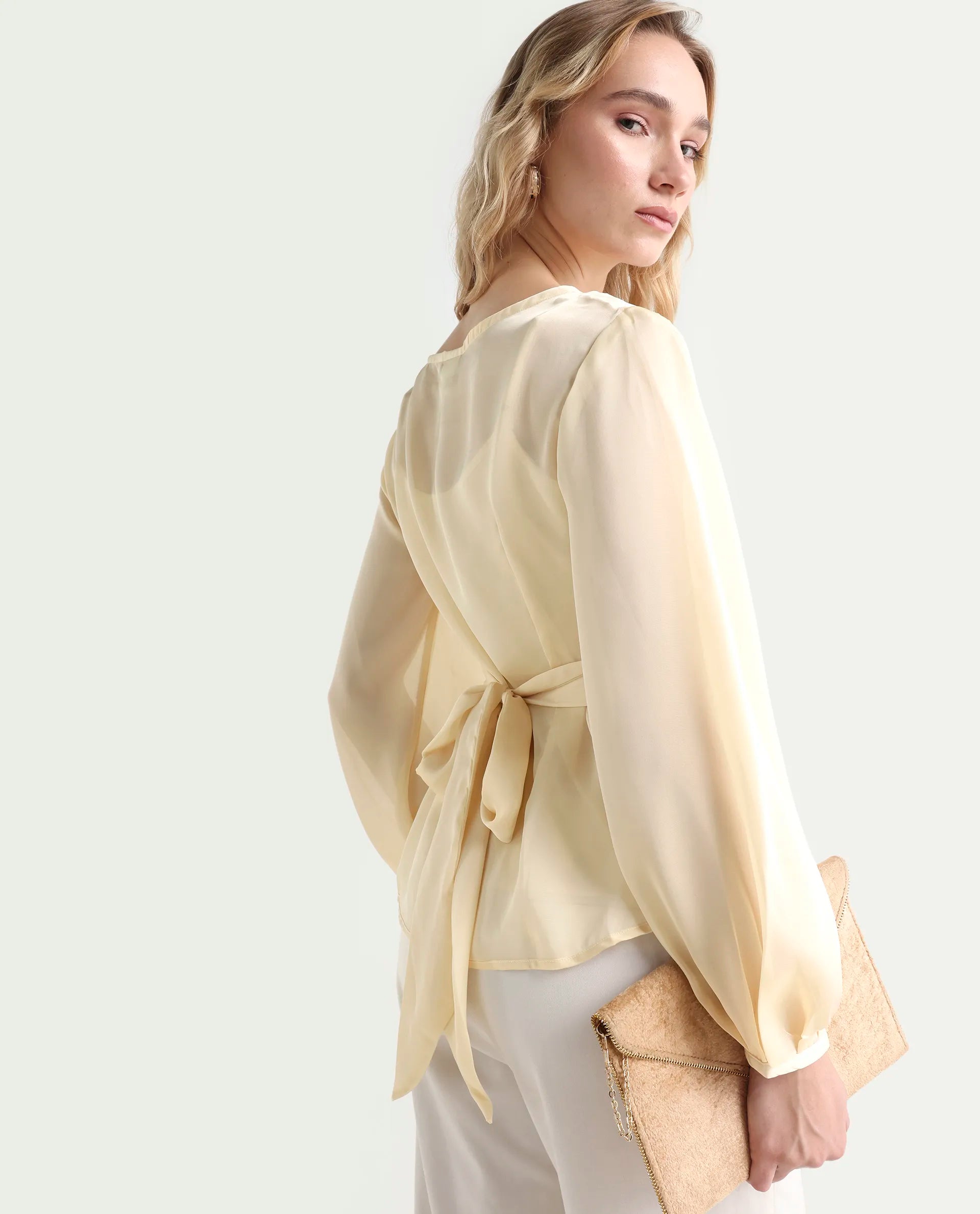 Rareism Women's Turin Beige Polyester Mandarin Collar Plain Balloon Sleeve Regular Fit Top