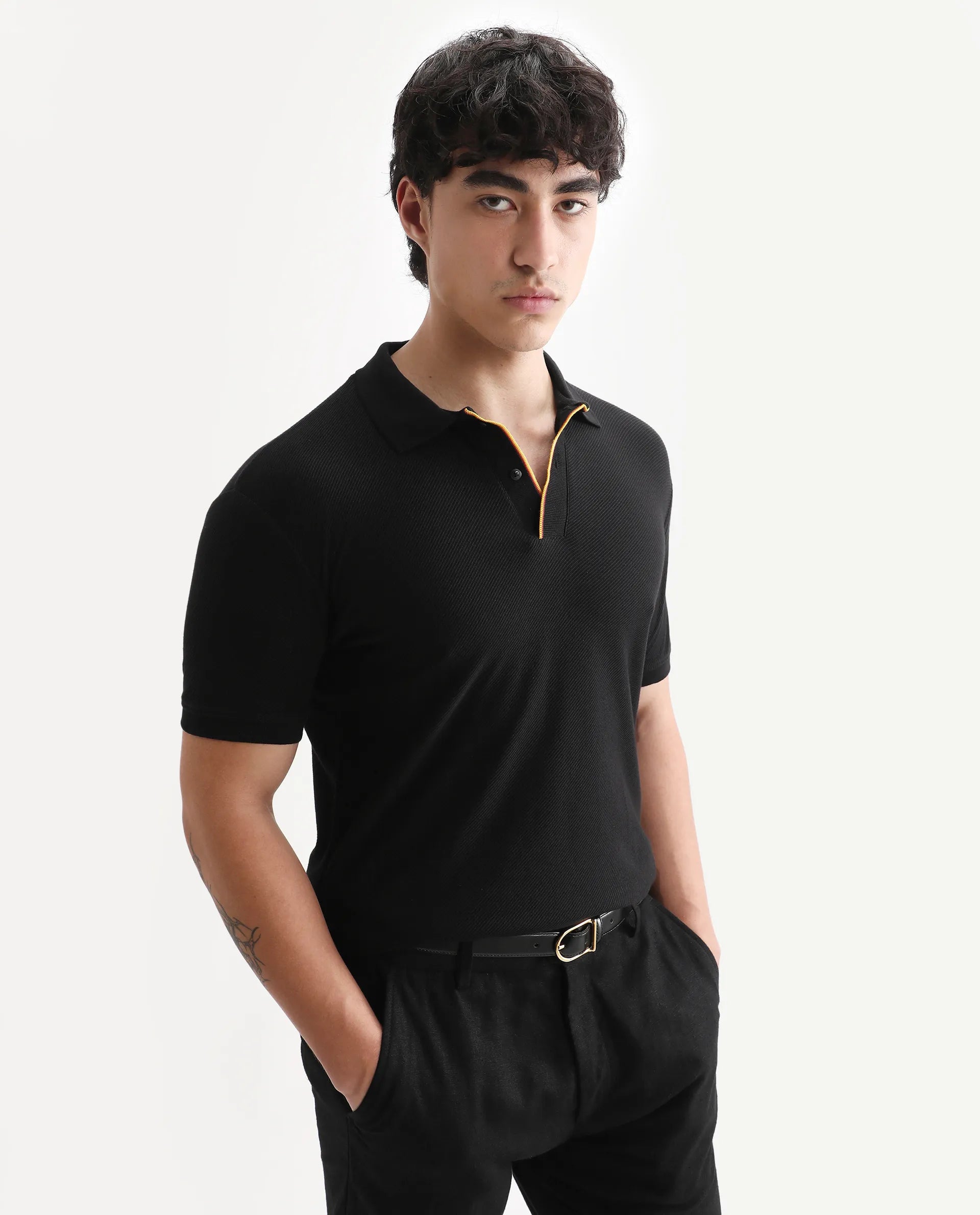 Rare Rabbit Men's Turino Black Cotton Plain Regular Fit Half Sleeve Polo
