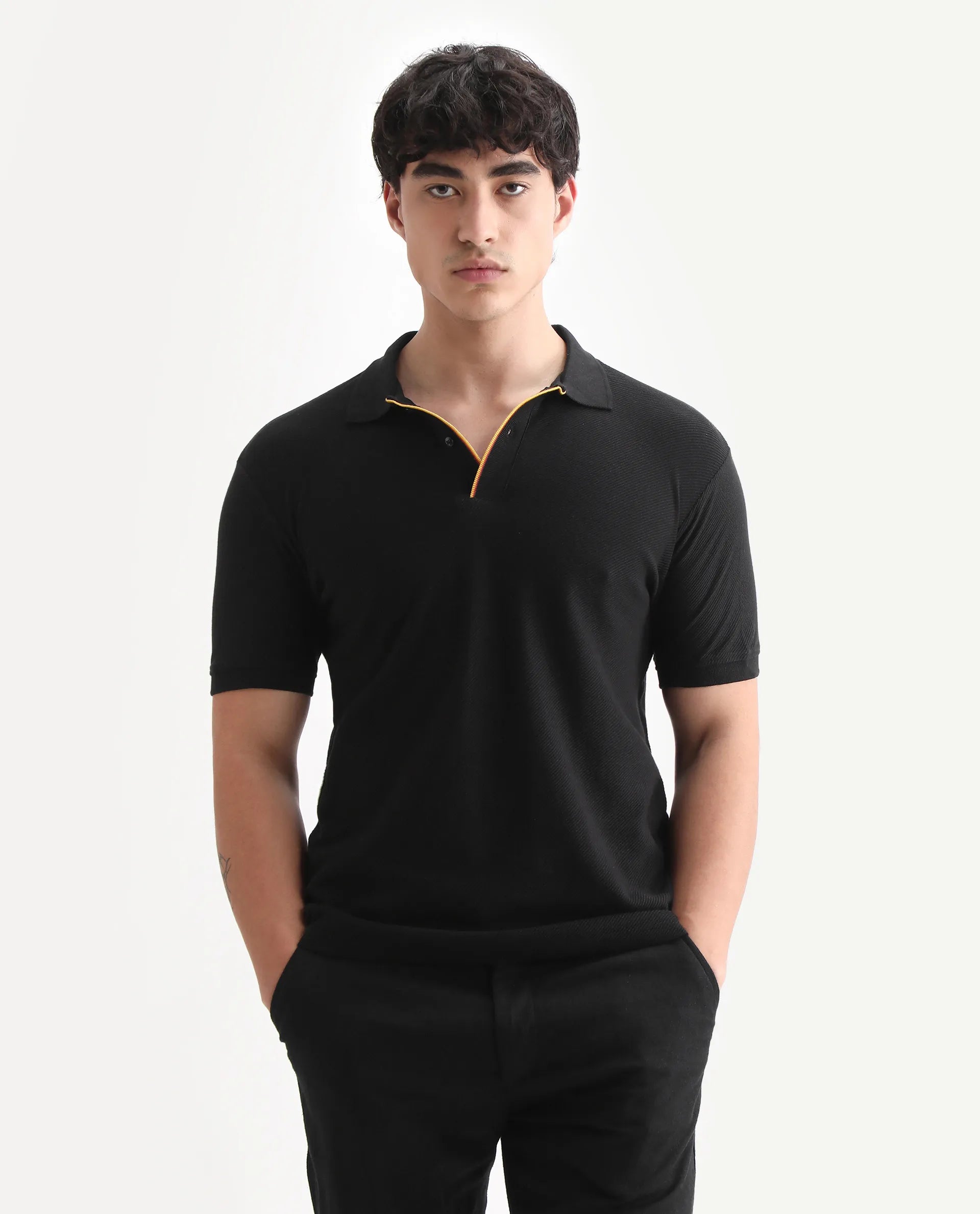 Rare Rabbit Men's Turino Black Cotton Plain Regular Fit Half Sleeve Polo