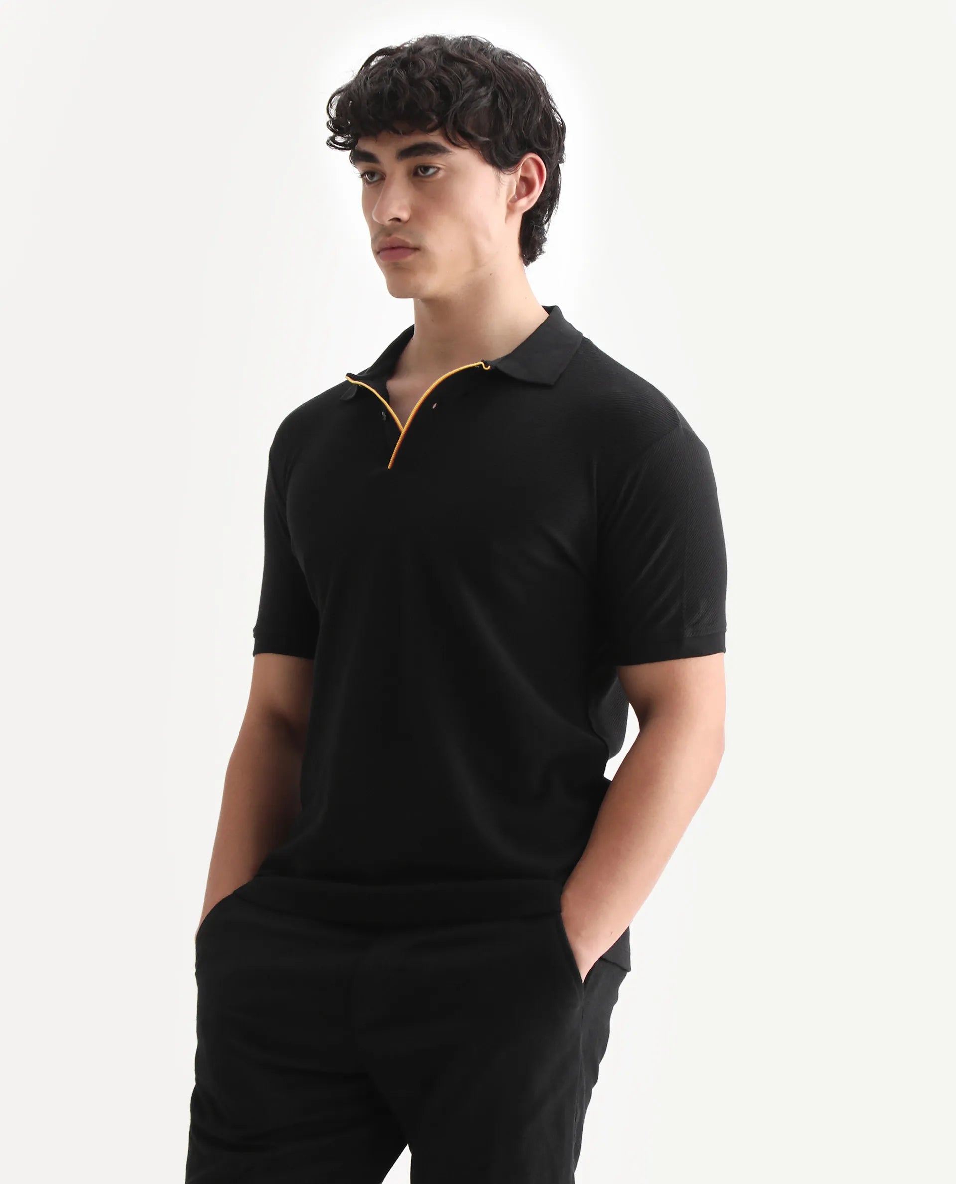 Rare Rabbit Men's Turino Black Cotton Plain Regular Fit Half Sleeve Polo