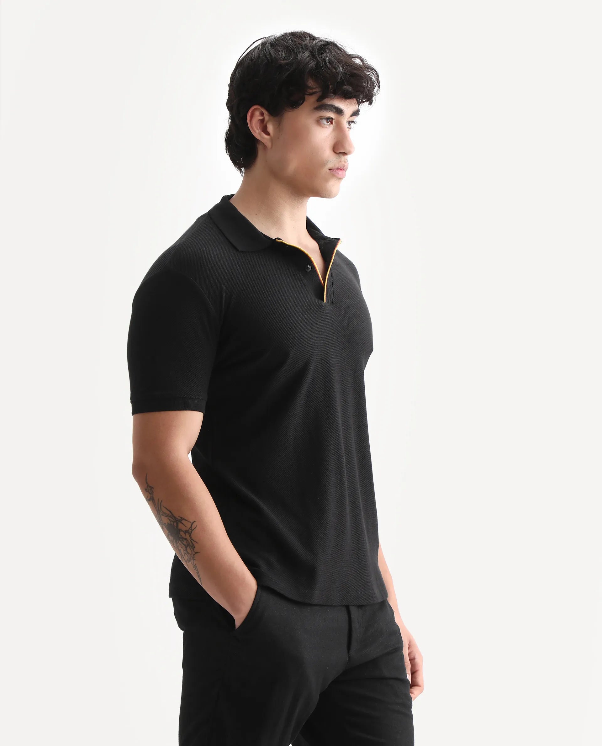 Rare Rabbit Men's Turino Black Cotton Plain Regular Fit Half Sleeve Polo