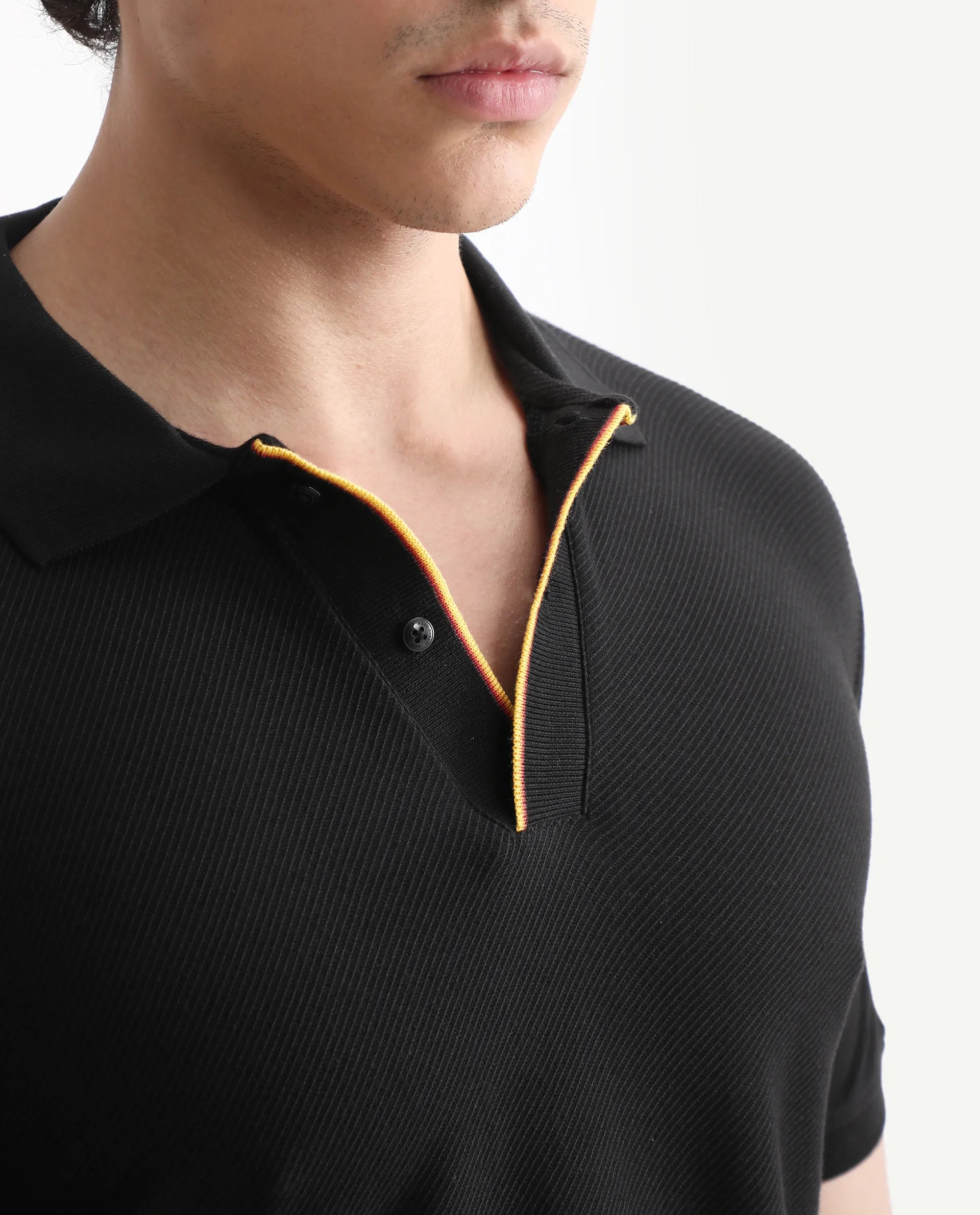 Rare Rabbit Men's Turino Black Cotton Plain Regular Fit Half Sleeve Polo