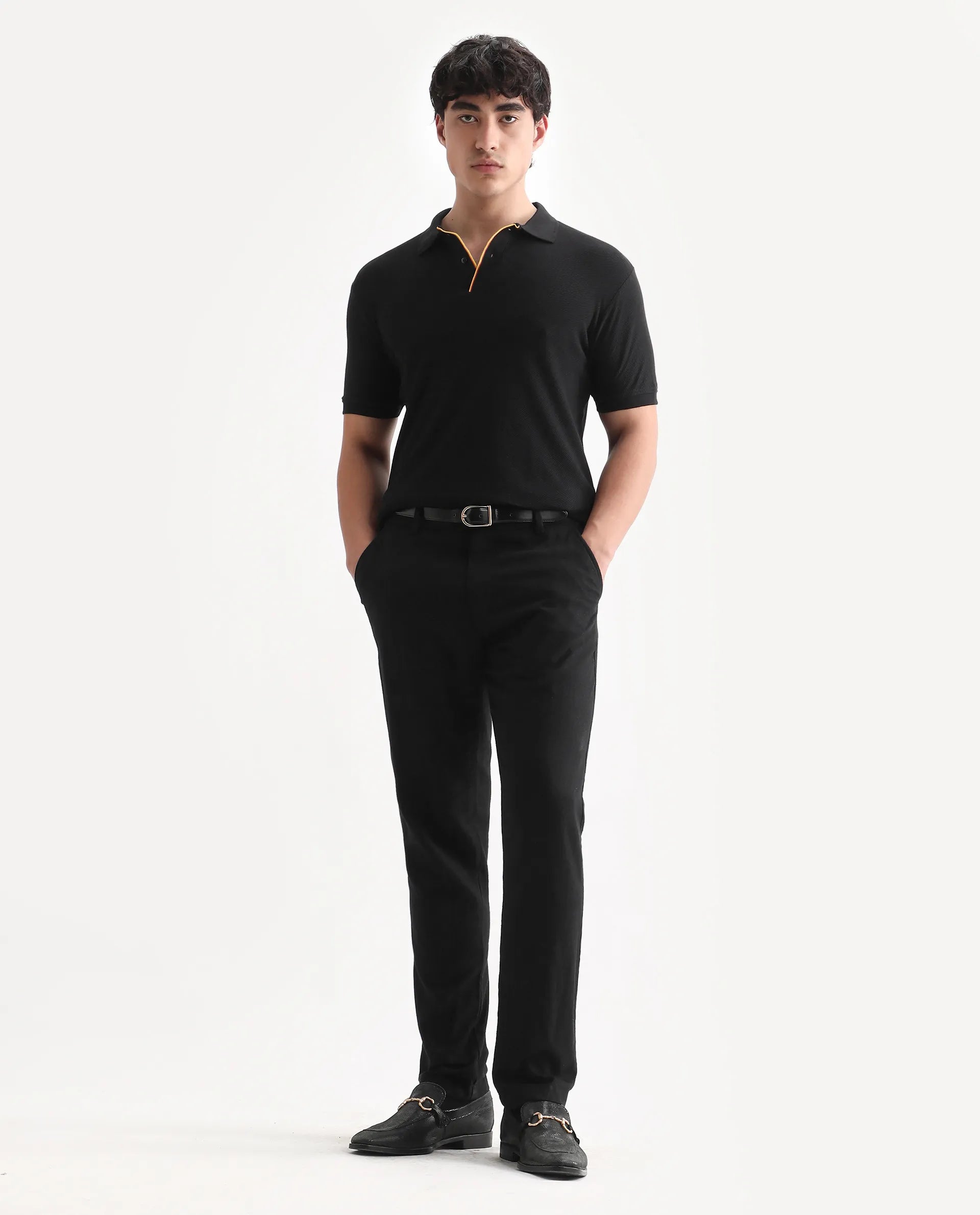 Rare Rabbit Men's Turino Black Cotton Plain Regular Fit Half Sleeve Polo