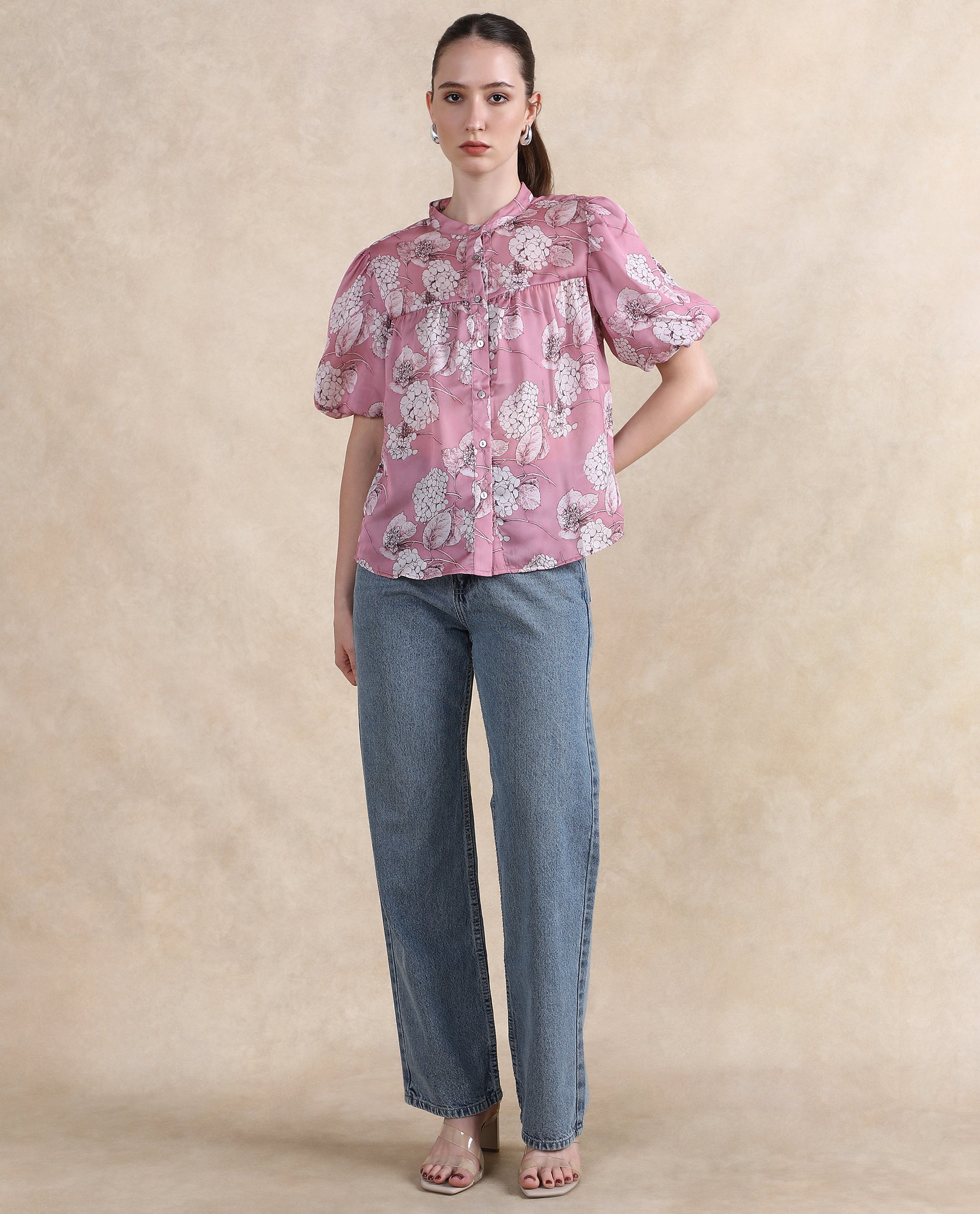 Rareism Women Turino Dusky Pink Balloon Sleeve Mandarin Neck Floral Print Top