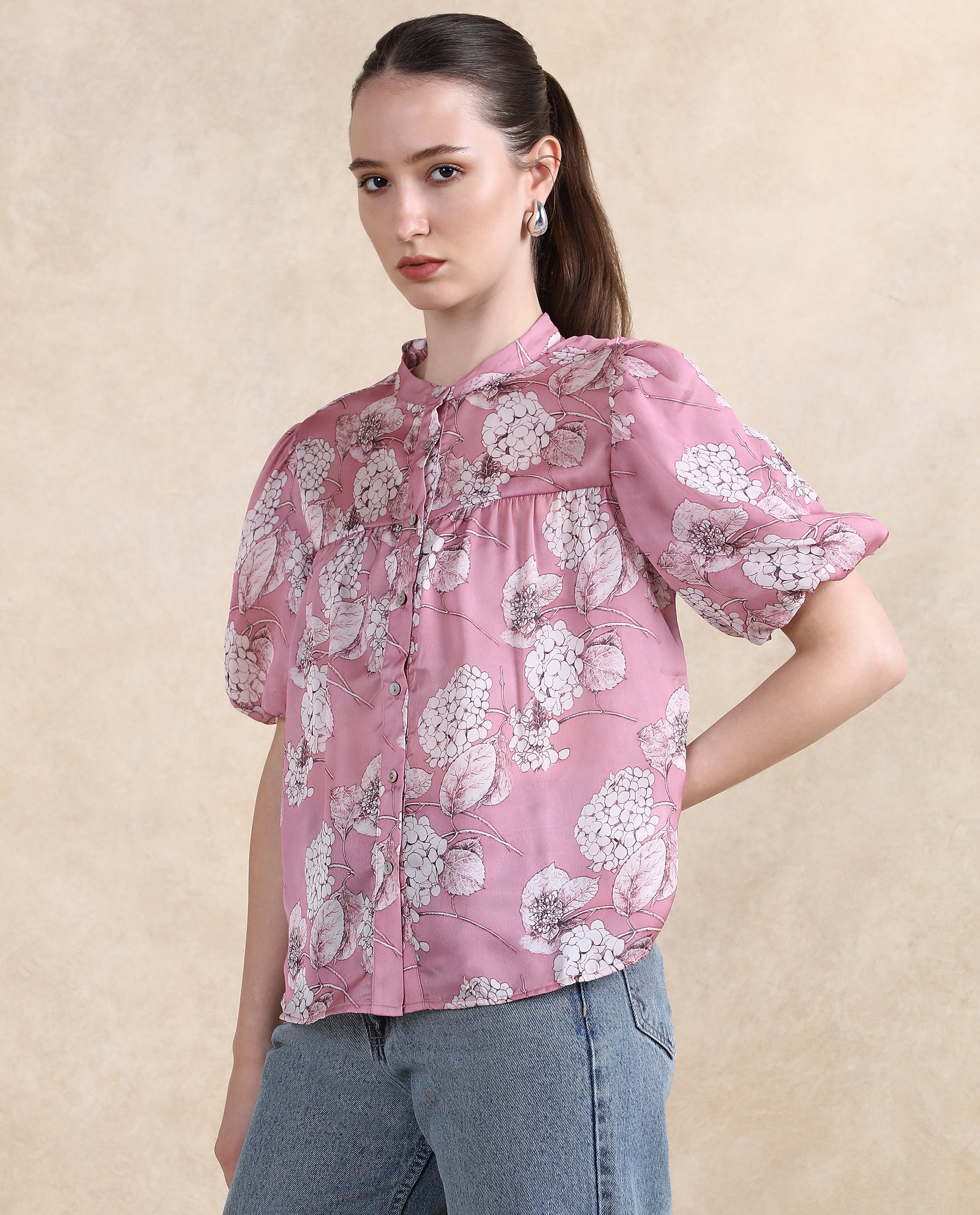 Rareism Women Turino Dusky Pink Balloon Sleeve Mandarin Neck Floral Print Top