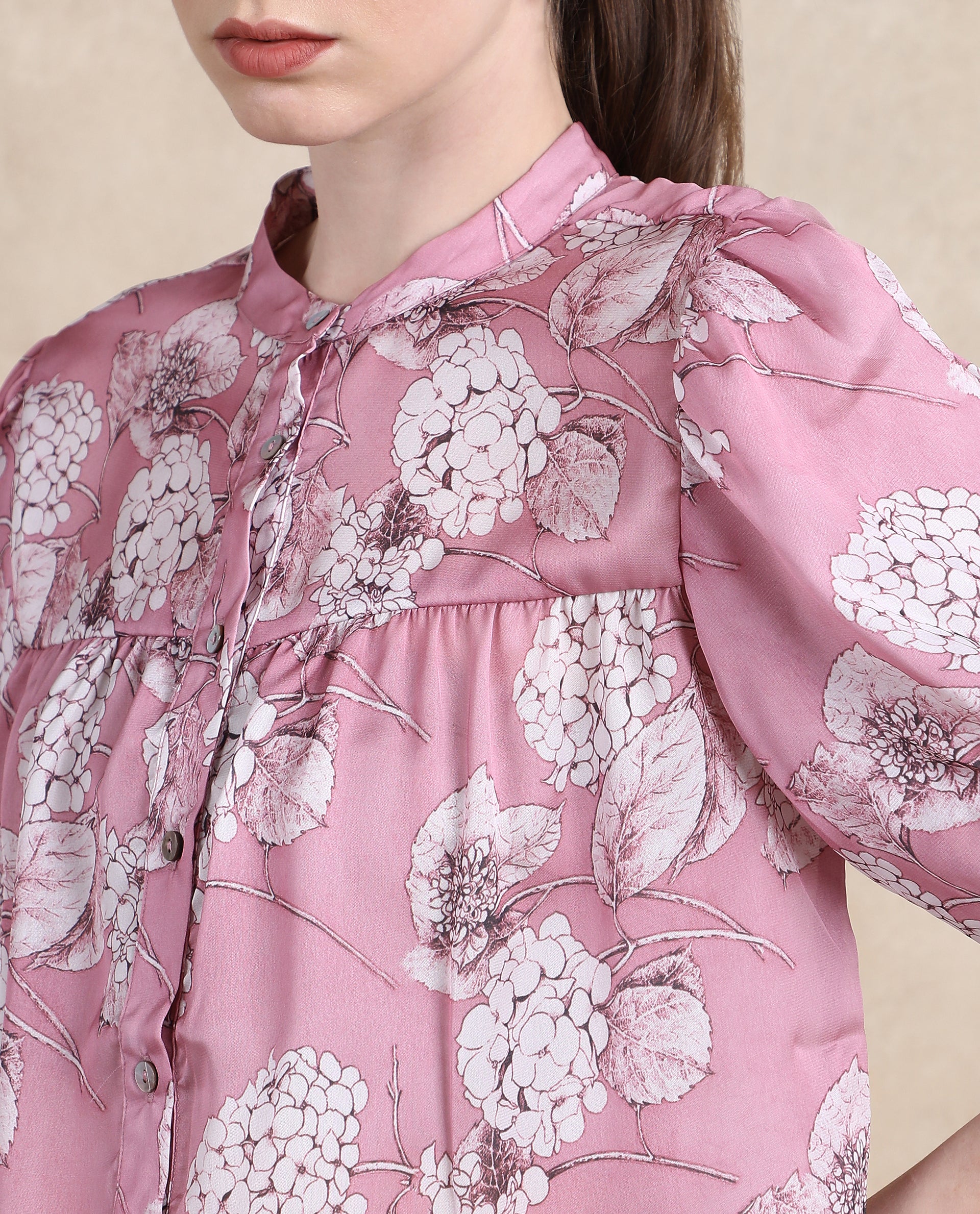 Rareism Women Turino Dusky Pink Balloon Sleeve Mandarin Neck Floral Print Top