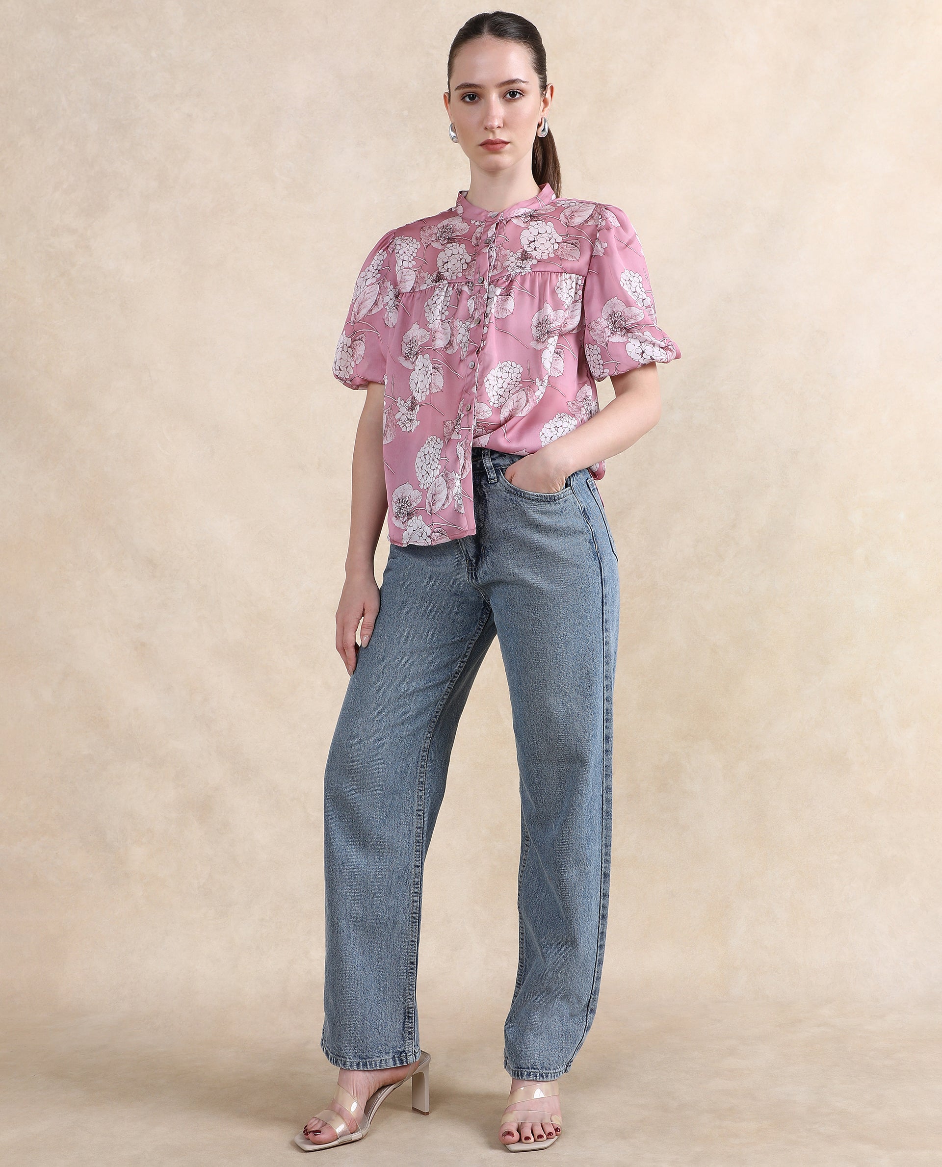 Rareism Women Turino Dusky Pink Balloon Sleeve Mandarin Neck Floral Print Top