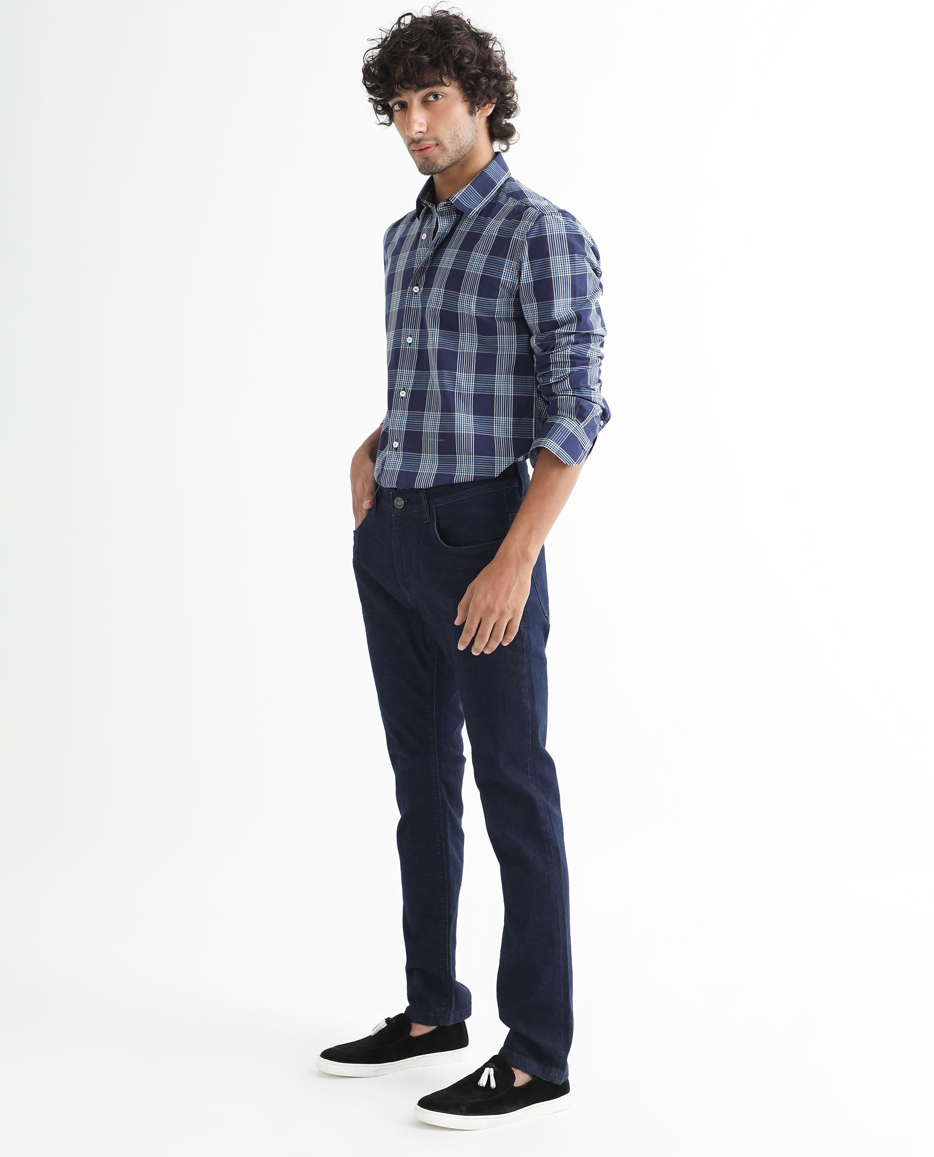 Rare Rabbit Men's Turvo Blue Cotton Fabric Full Sleeves Checks Shirt