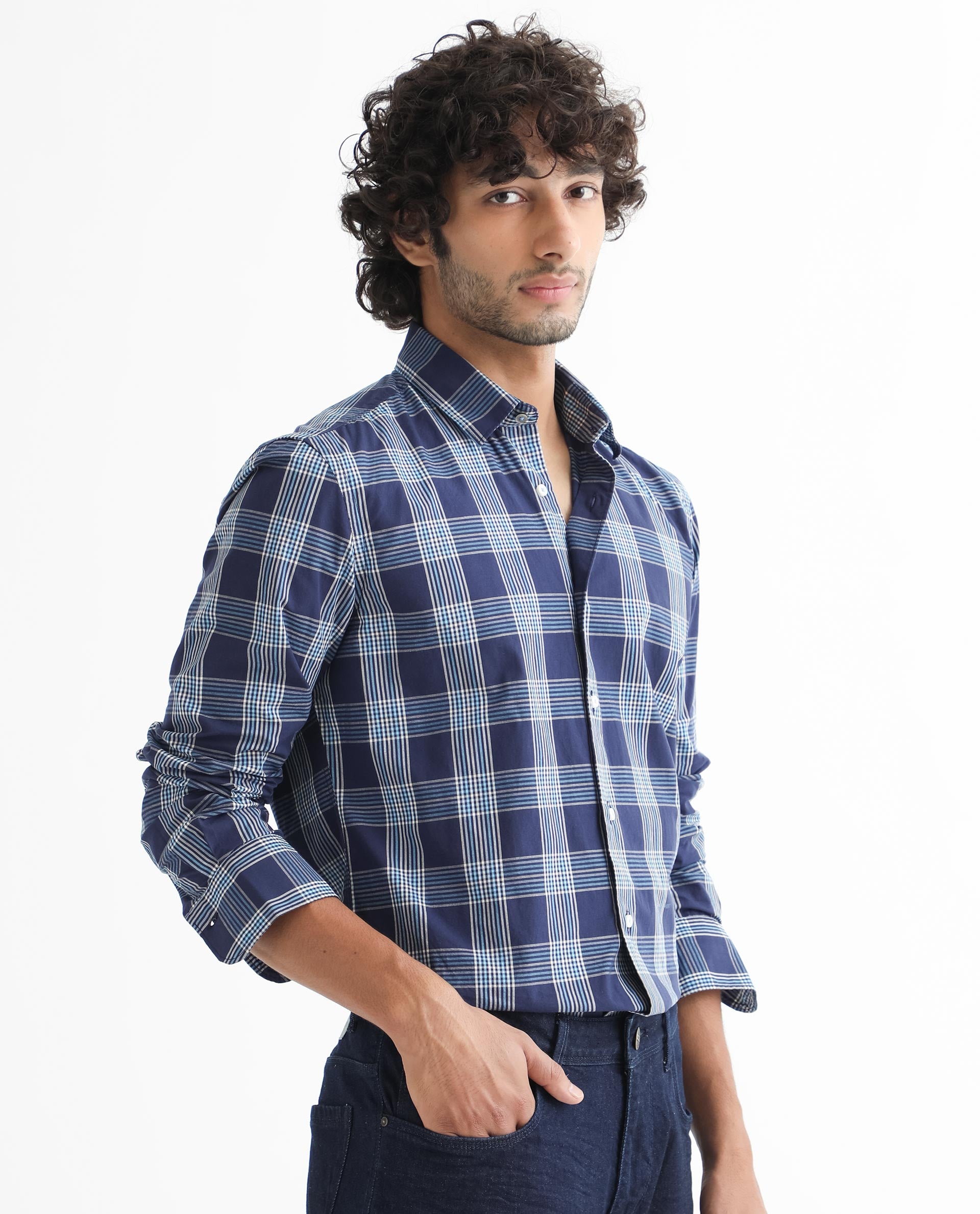 Rare Rabbit Men's Turvo Blue Cotton Fabric Full Sleeves Checks Shirt