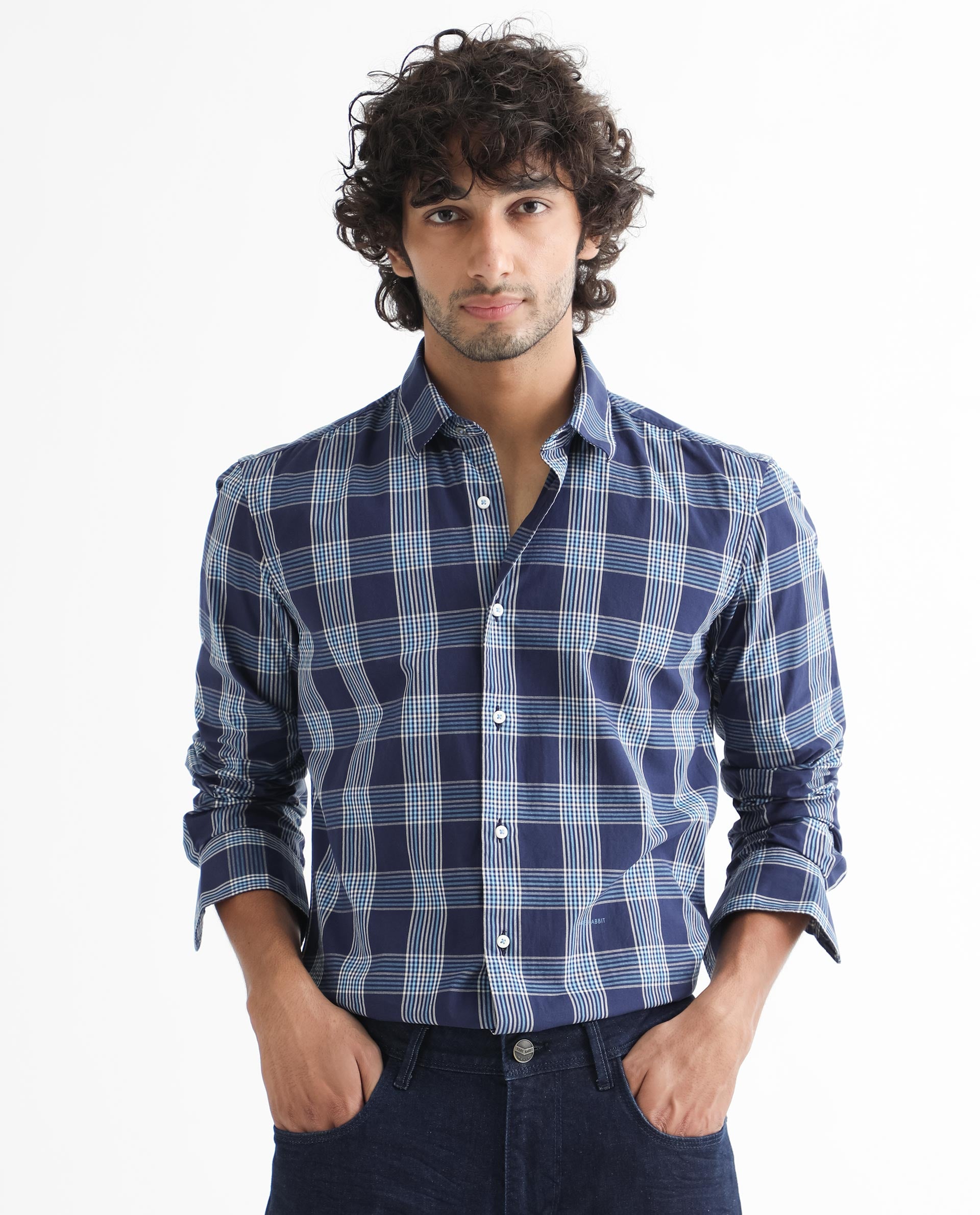 Rare Rabbit Men's Turvo Blue Cotton Fabric Full Sleeves Checks Shirt