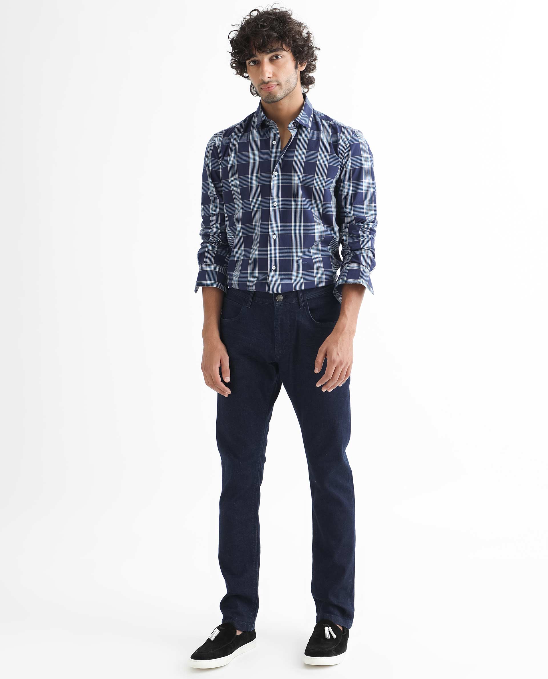 Rare Rabbit Men's Turvo Blue Cotton Fabric Full Sleeves Checks Shirt