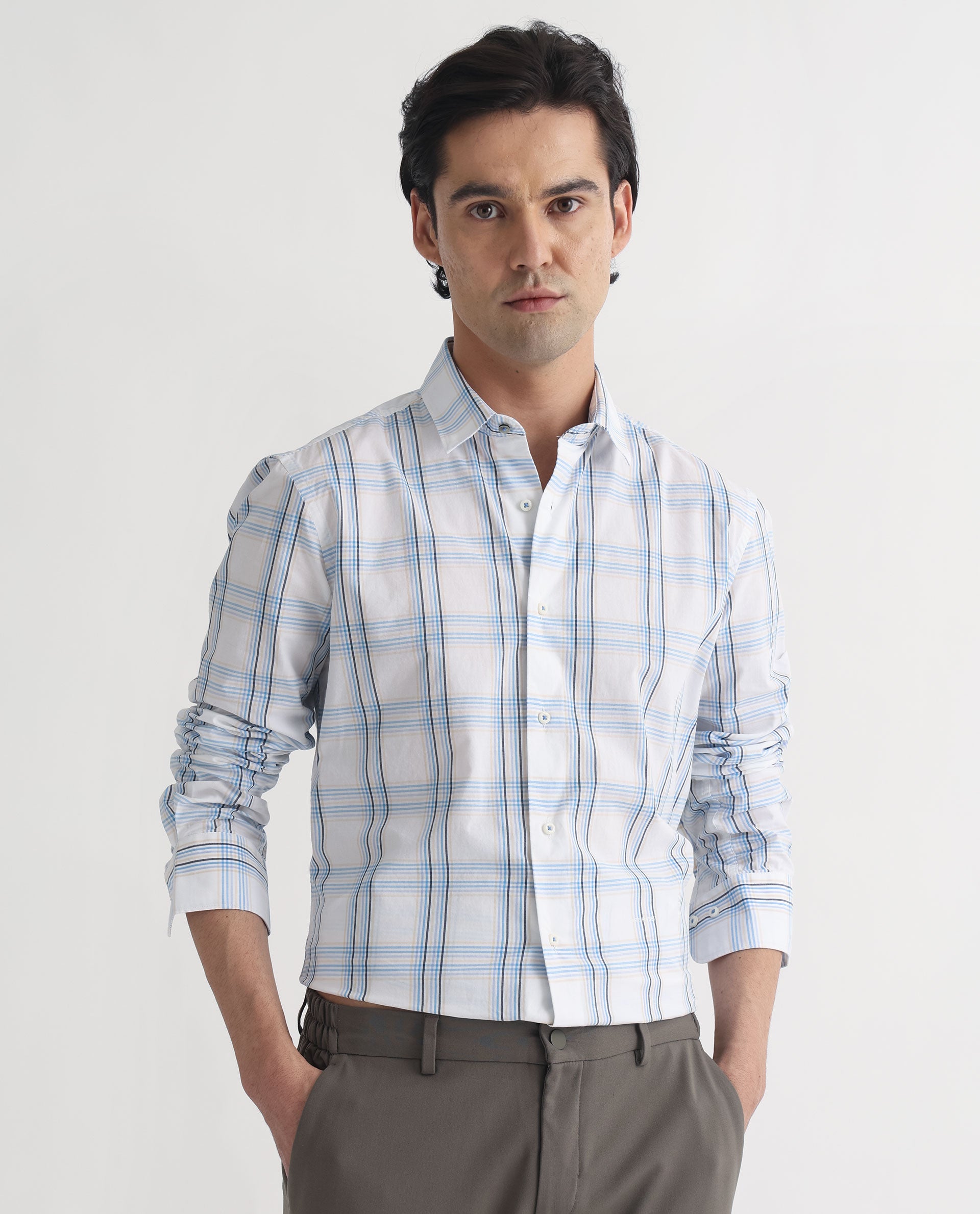 Rare Rabbit Men's Turvo White Cotton Fabric Full Sleeves Checks Shirt