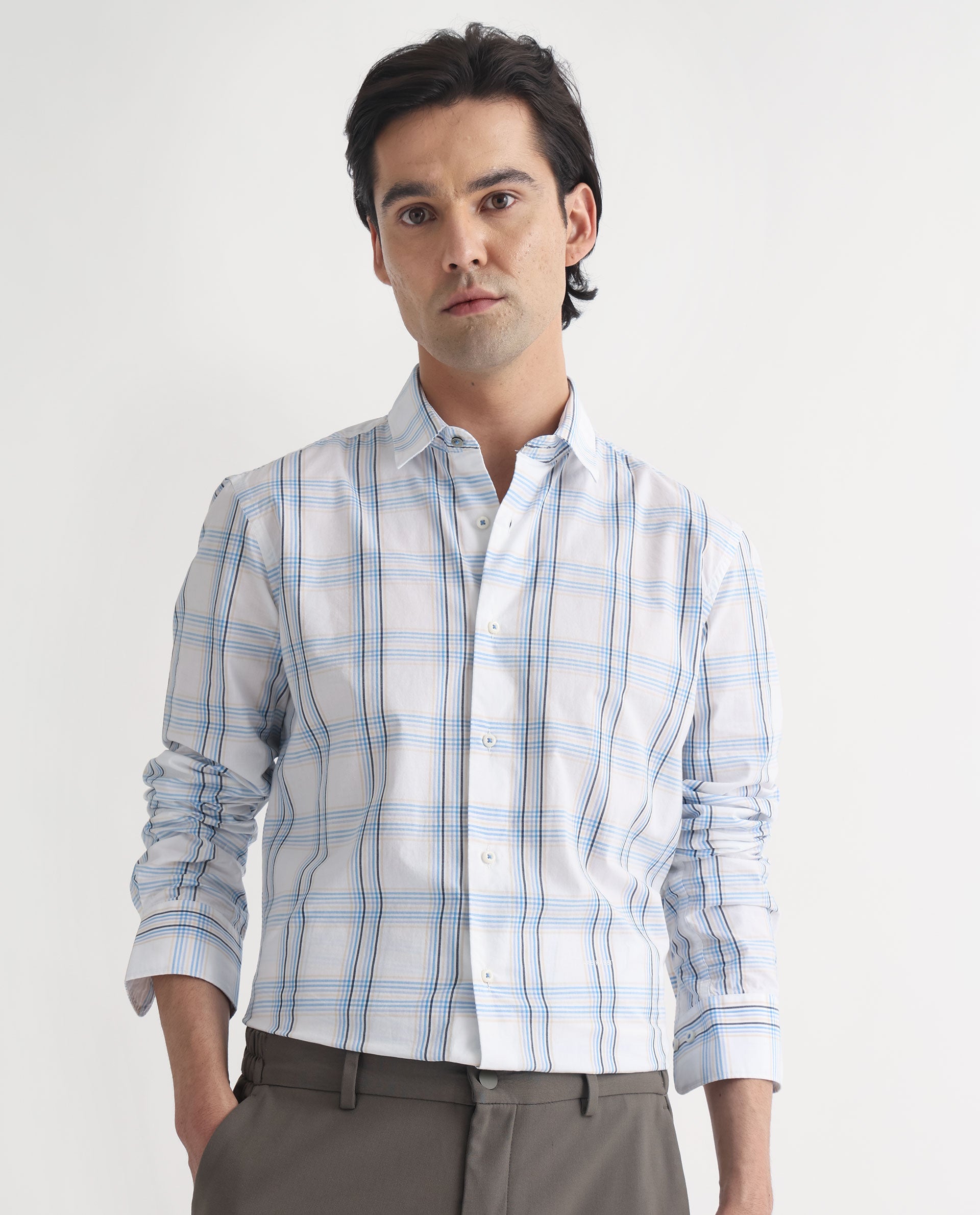 Rare Rabbit Men's Turvo White Cotton Fabric Full Sleeves Checks Shirt